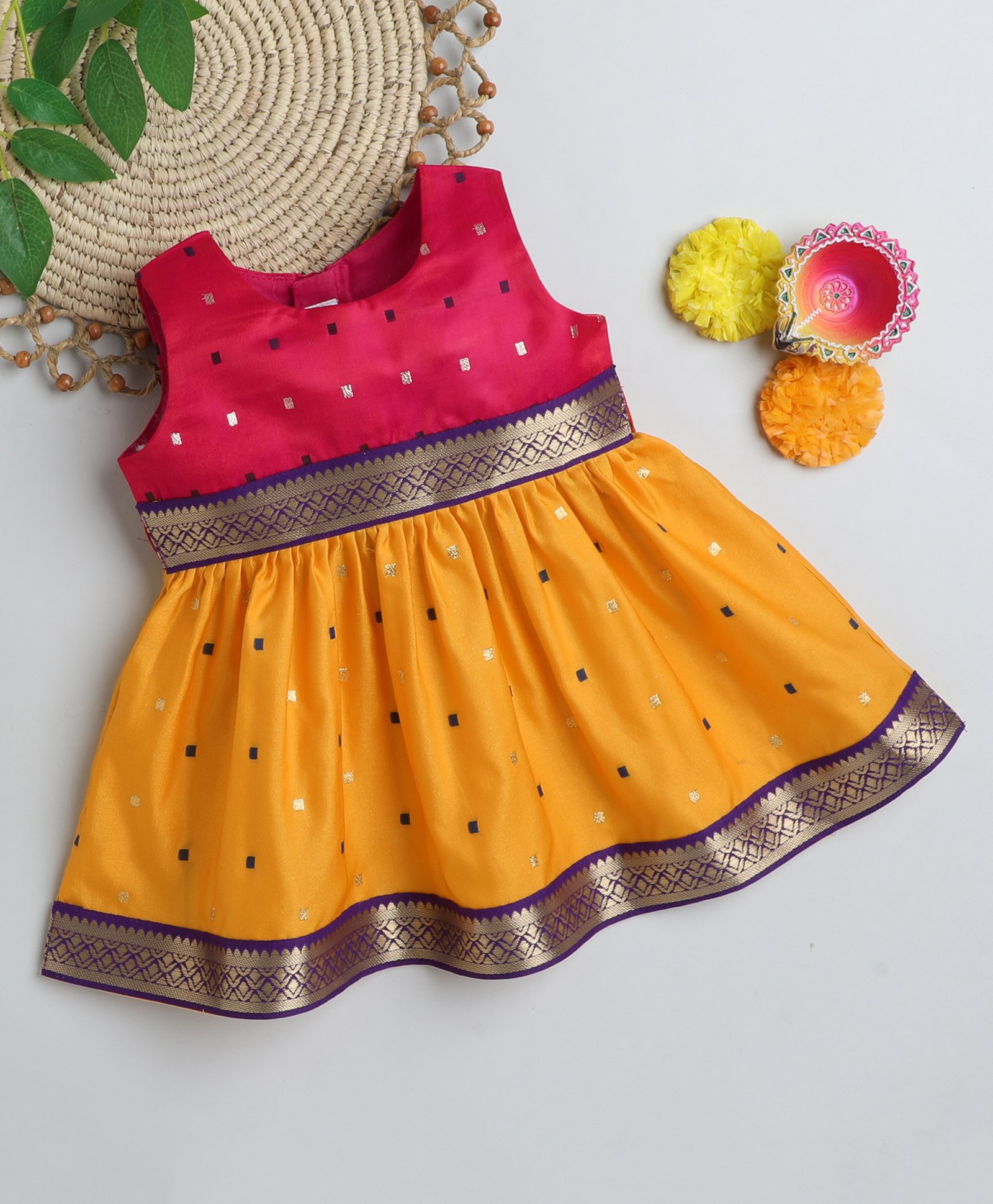 Many frocks & Sleeveless Square Foil Printed Ethnic Dress - Yellow & Pink-image-21