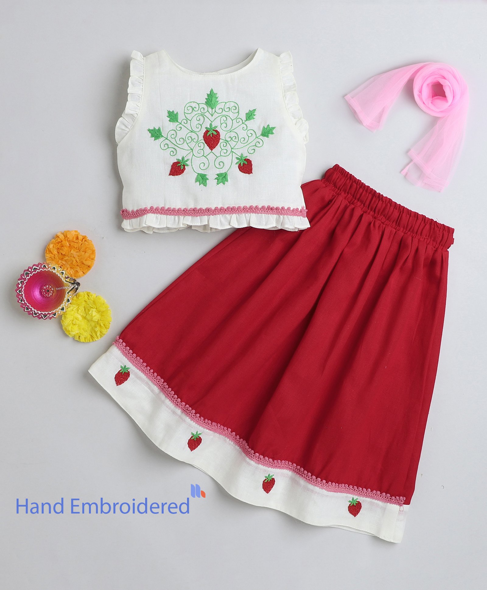 Many frocks & Cotton Sleeveless Strawberry Hand Embroidered Pleated Lehenga Choli & Dupatta Set - Off White & Red-image-18