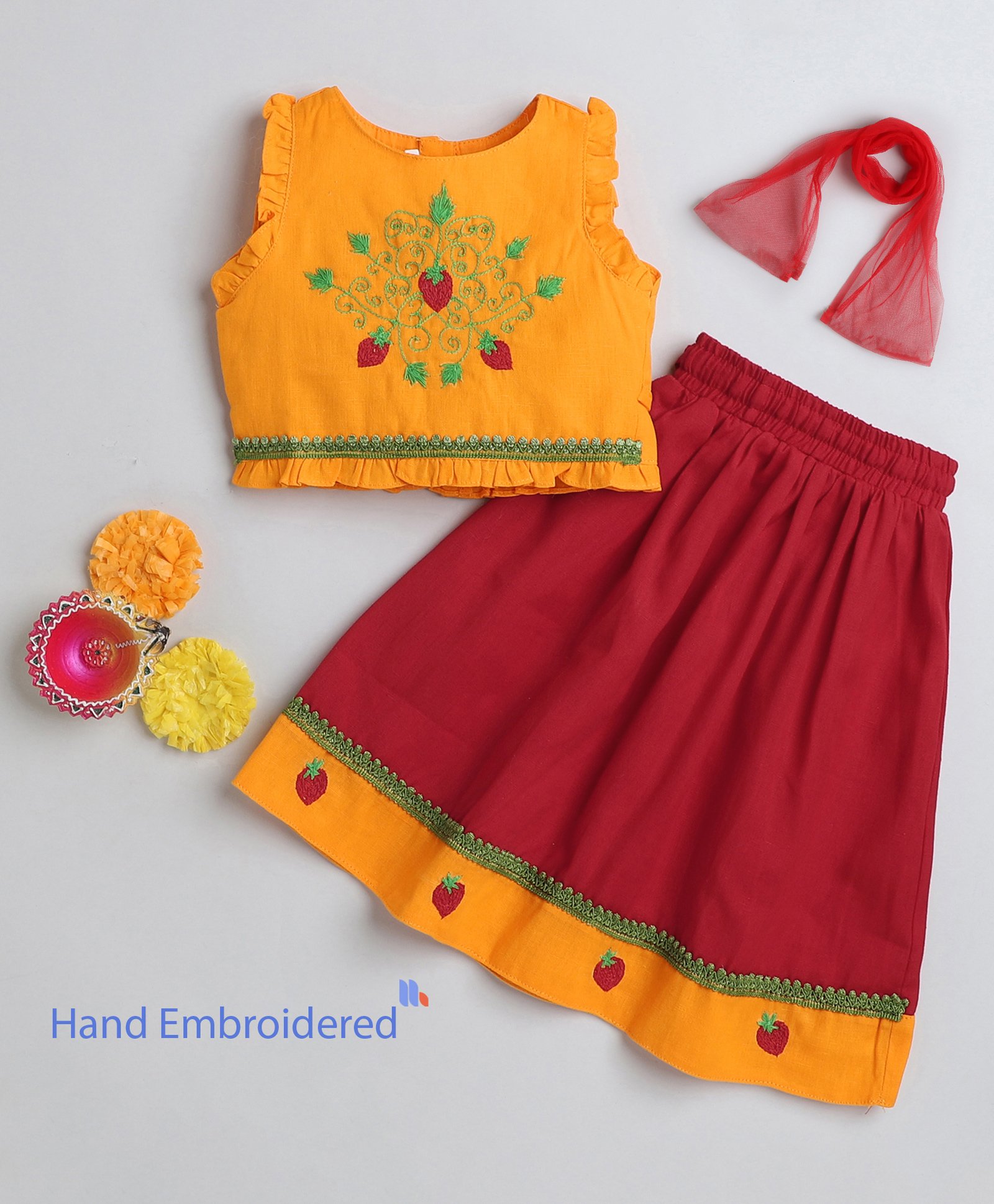 Many frocks & Cotton Sleeveless Strawberry Hand Embroidered Pleated Lehenga Choli & Dupatta Set - Yellow & Red-image-29
