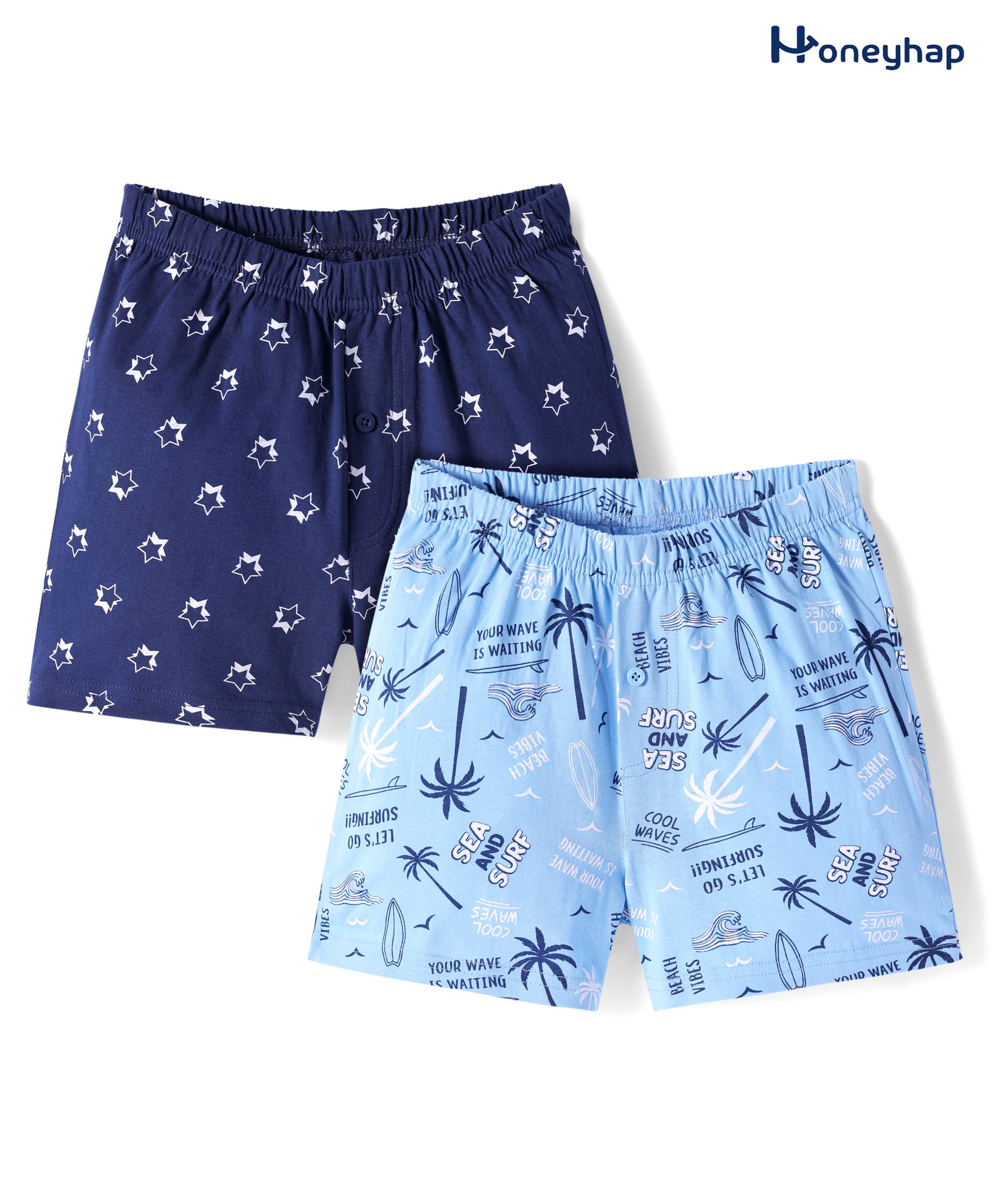 Honeyhap Premium 100% Cotton Knit Bio Finish Boxers With Beach Theme & Star Print Pack of 2 - Baltic Sea & Navy Peony-image-33