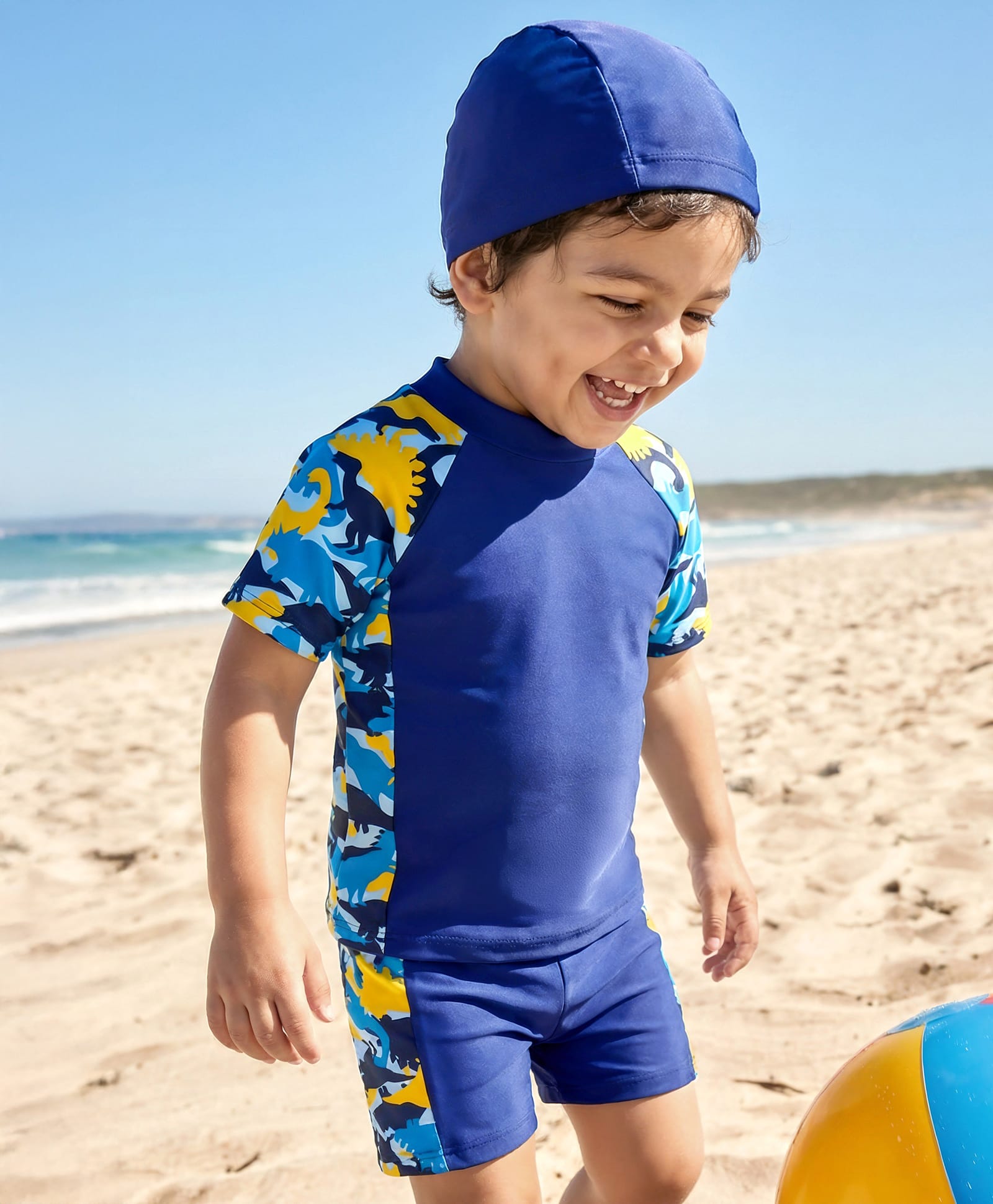 Babyhug Half Raglan Sleeves Two Piece Swimsuit With Dino Print & Swimming Cap - Navy Blue-picture-19