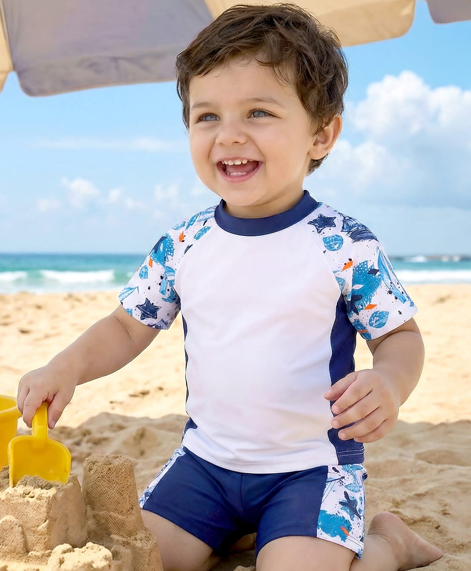 Babyhug Half Raglan Sleeves Two Piece Swimsuit With Ship Print - White-picture-12