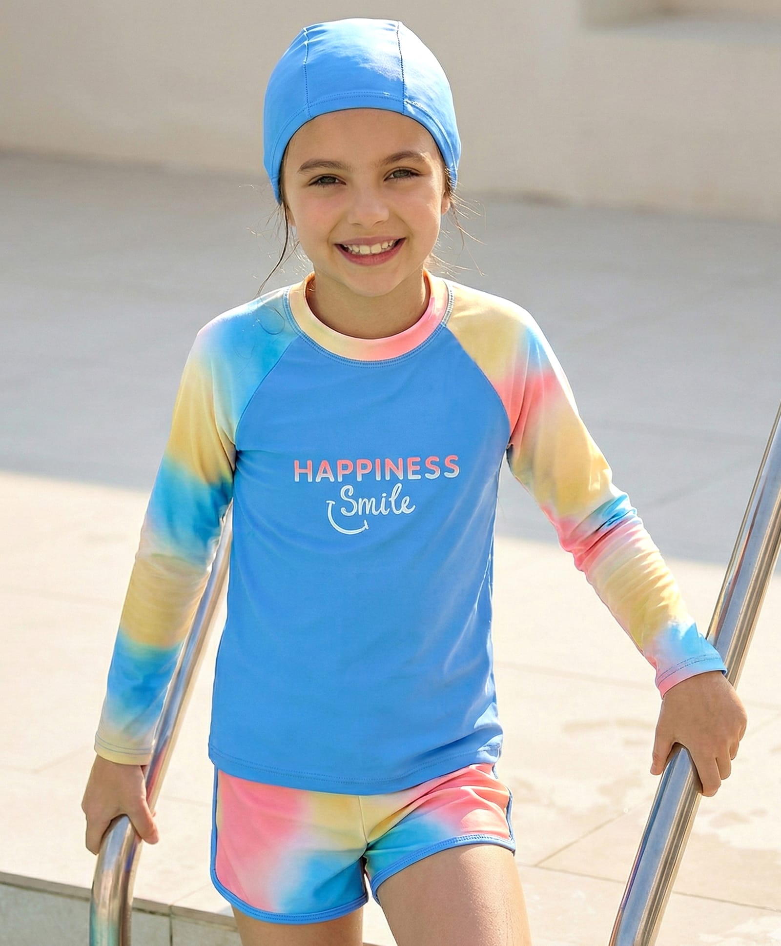 Pine Kids Full Raglan Sleeves Two Piece Swimsuit With Tie & Dye Print & Swimming Cap - Blue-image-46
