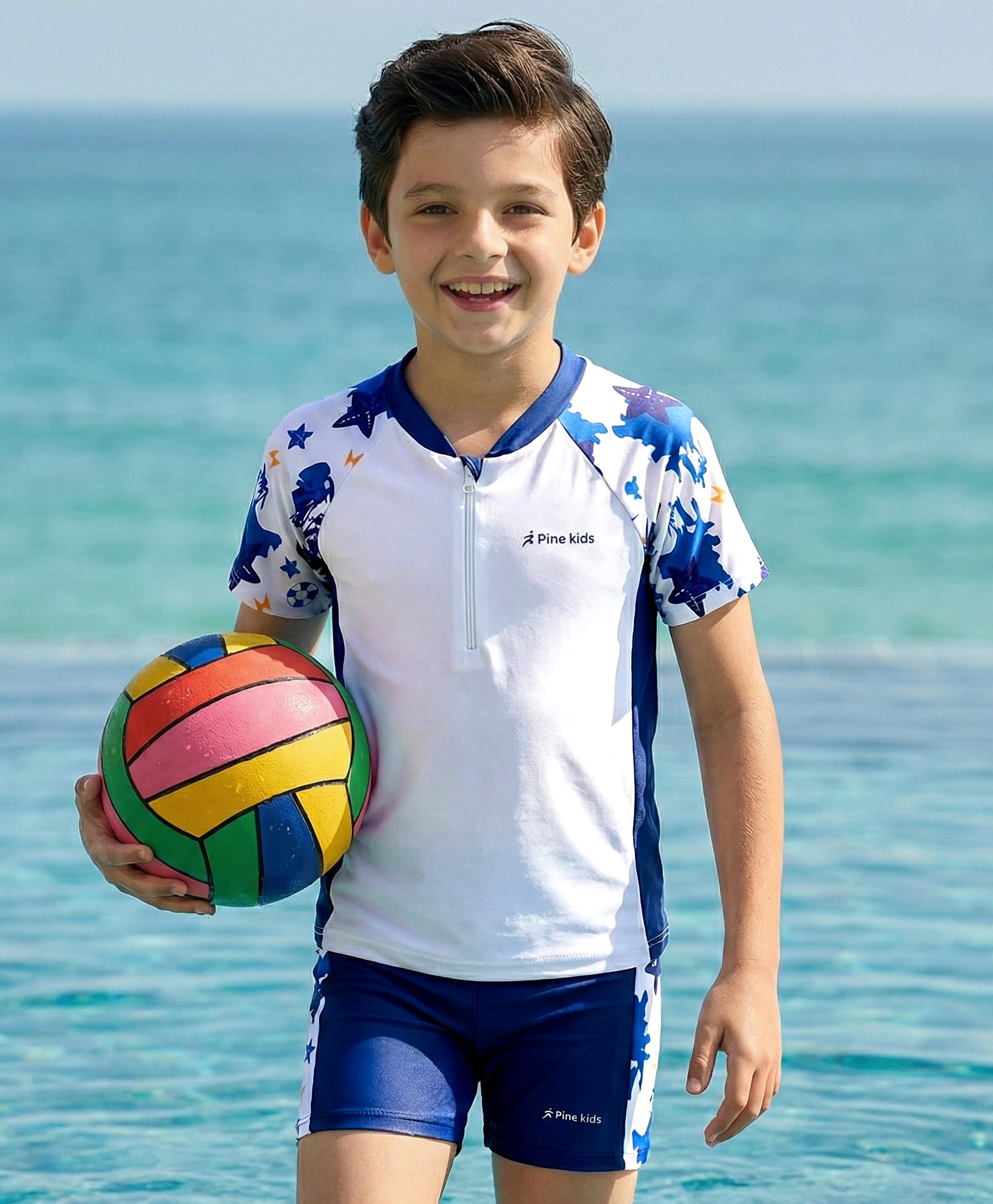 Pine Kids Half Raglan Sleeves Two Piece Swimsuit & Cap with Star Fish Print - Blue & White