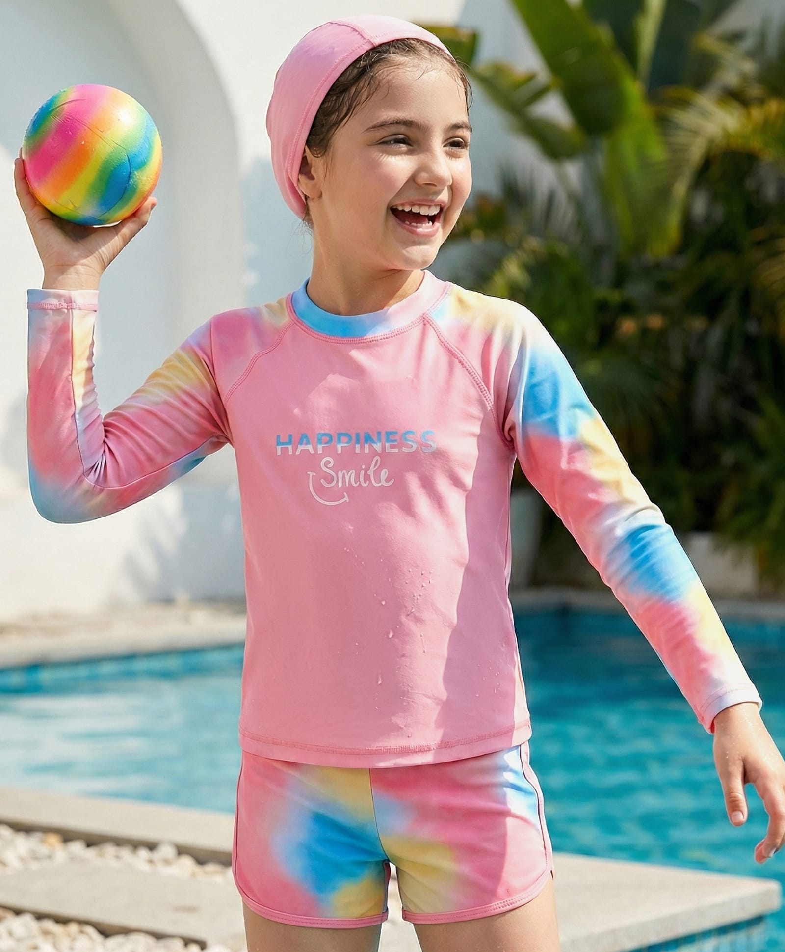 Pine Kids Full Raglan Sleeves Two Piece Swimsuit With Tie & Dye Print & Swimming Cap - Pink