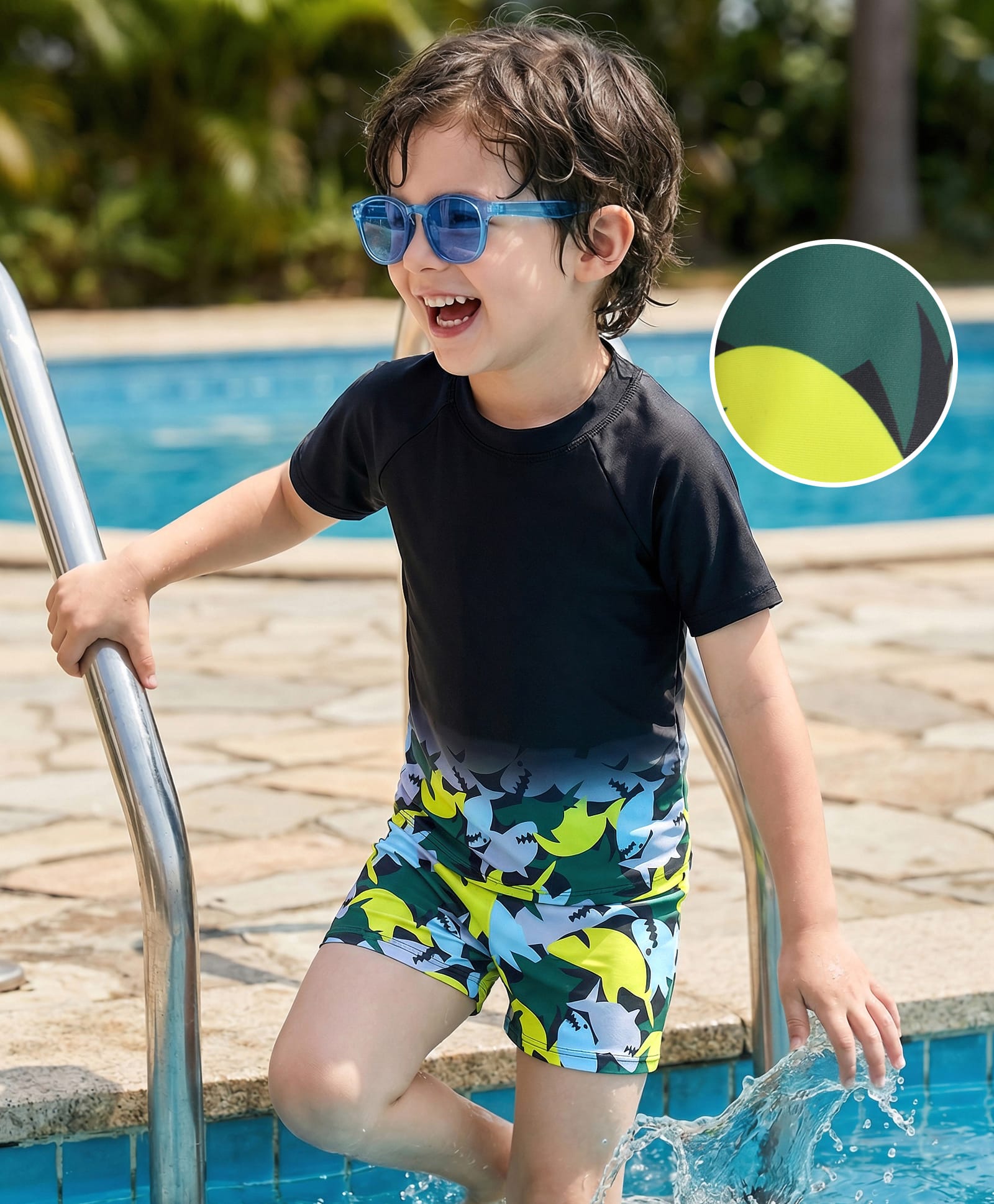 Mark & Mia Half Raglan Sleeves Two Piece Swimsuit with Shark Print - Black