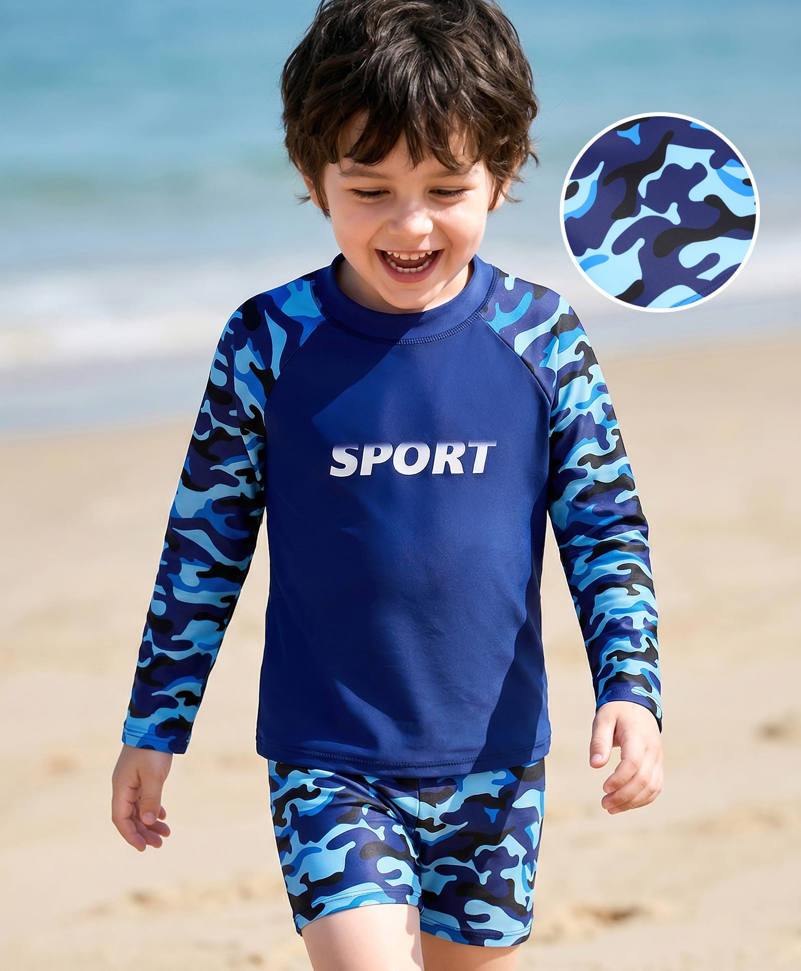 Mark & Mia Full Raglan Sleeves Two Piece Swimsuit with Abstract Print - Navy Blue