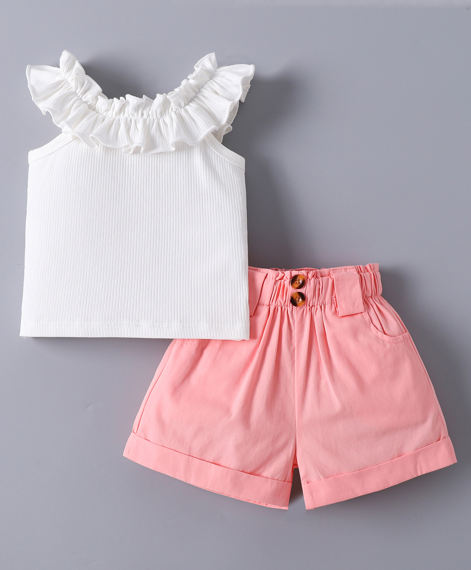 Mark & Mia Frill Sleeves Solid Color Top & Shorts Set - White & Pink-image-31