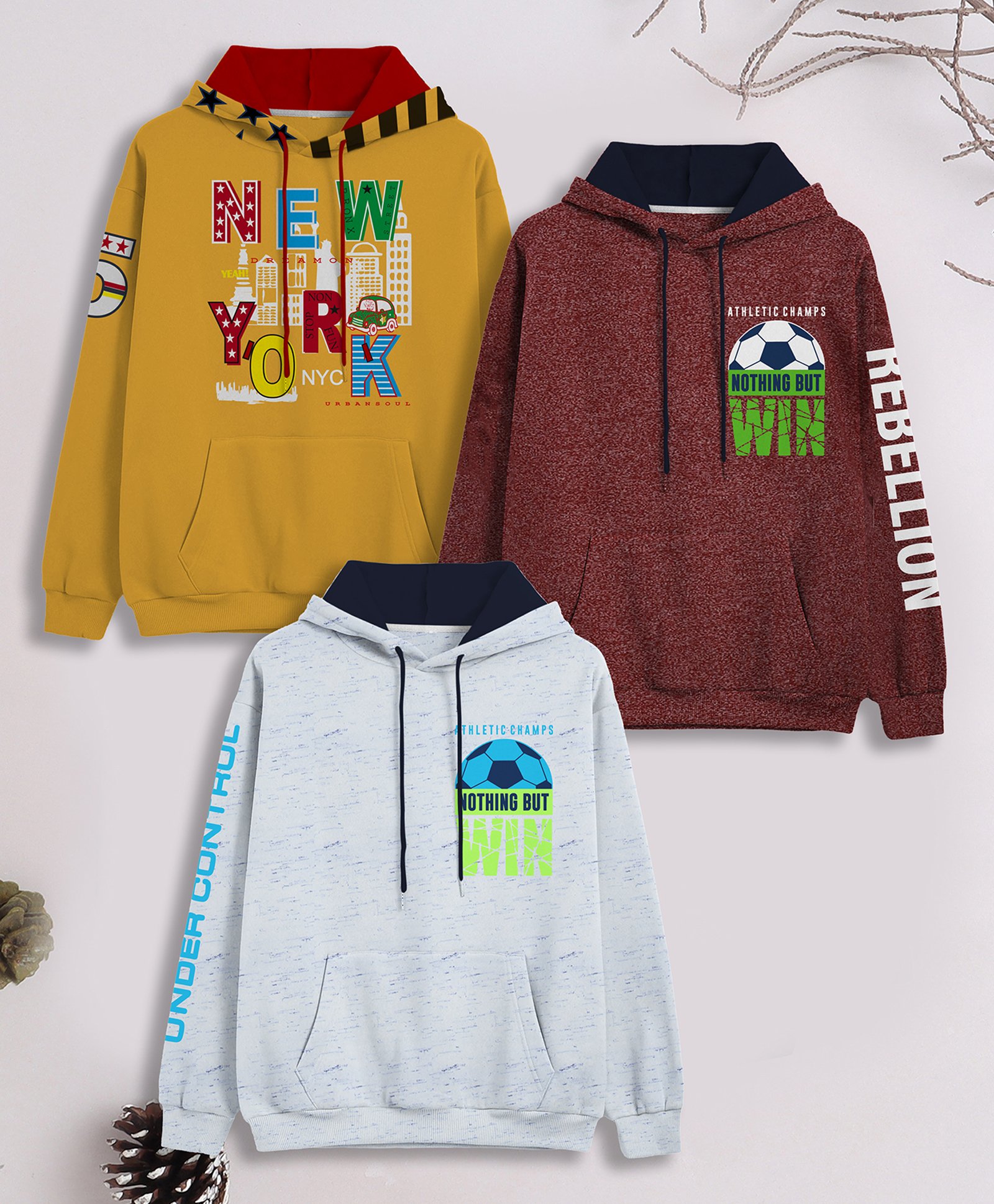 3PIN Terry Pack of 3 Full Sleeves New York & Nothing But Win Text Printed Hooded Sweatshirts - Multi Colour-picture-22