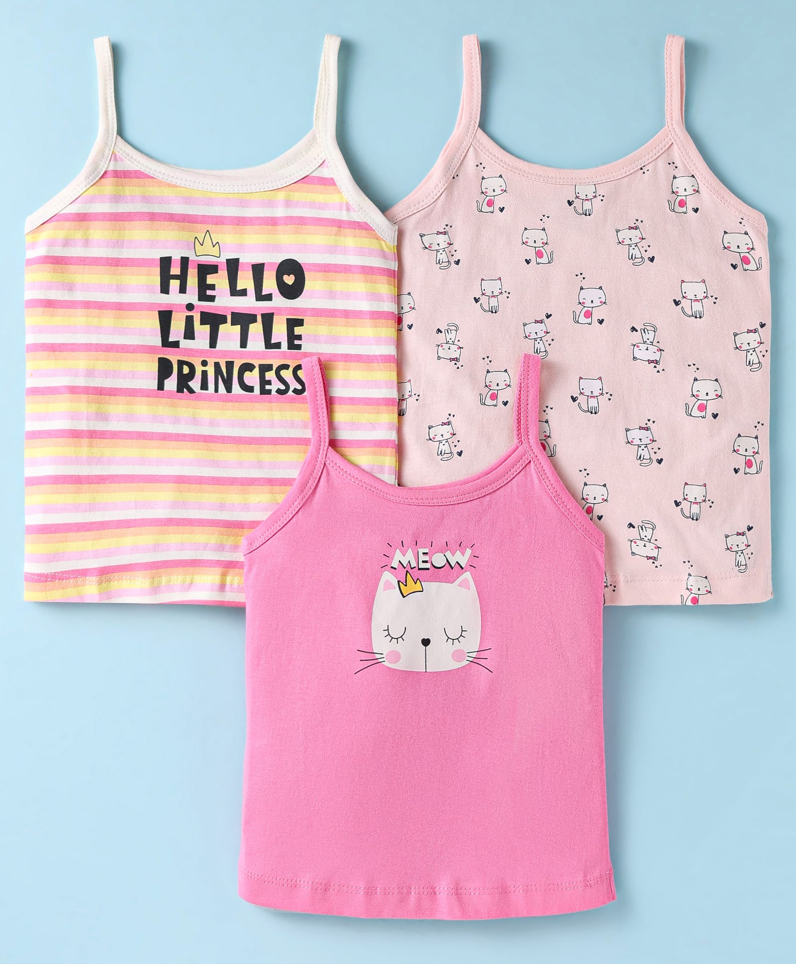 Revvo Junior KnitCotton Sleeveless Slips with Text & Cat Print Pack of 3 - Peach & Pink-picture-26