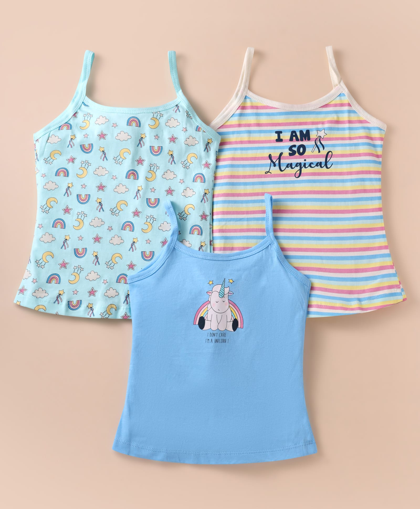 Revvo Junior Cotton Knit Sleeveless Slips With Unicorn Print Pack pf 3 - Blue & Pink-picture-13