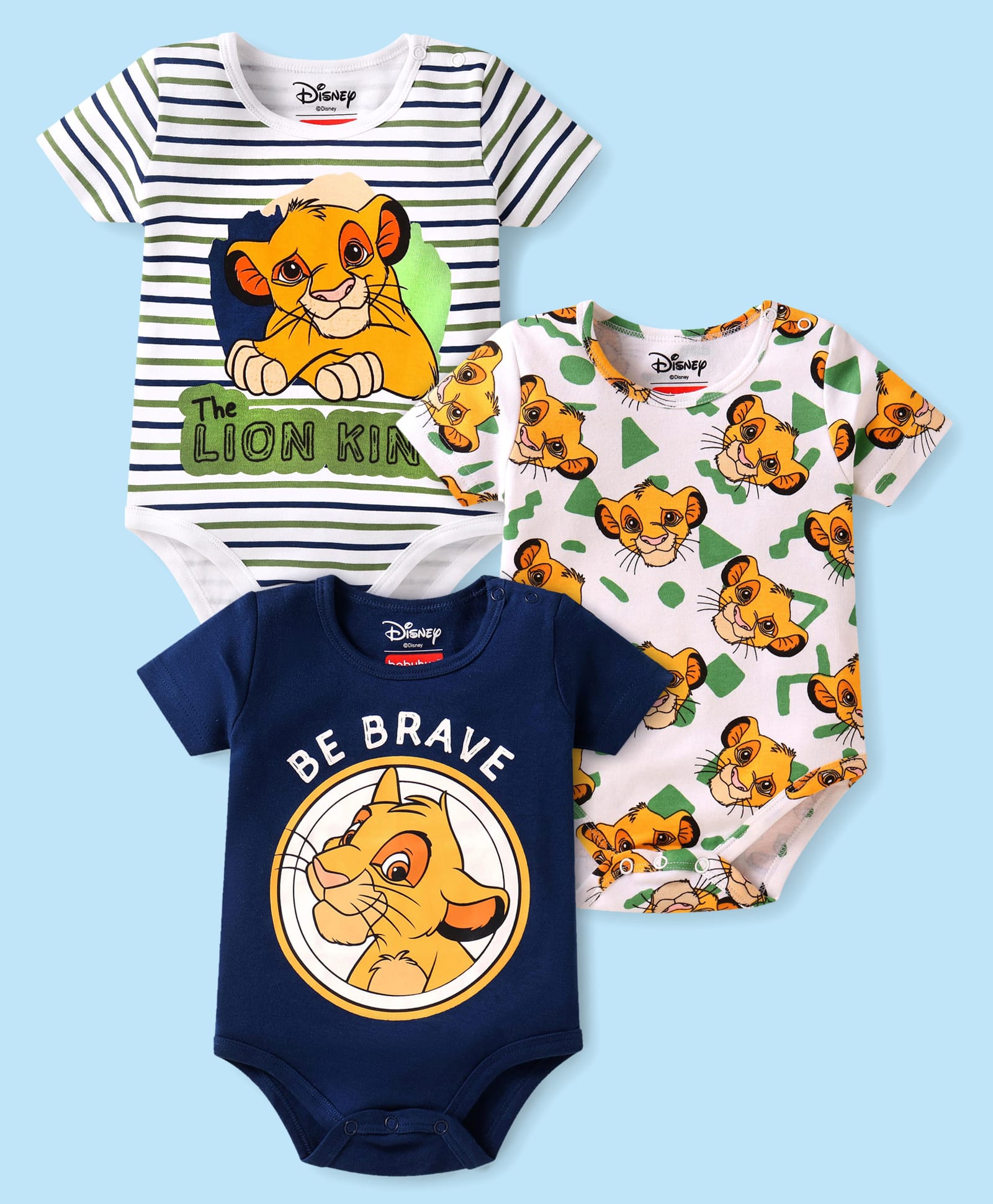 Babyhug Disney Interlock Knit Half Sleeves Onesies with Simba Graphics & Stripes Pack of 3 - White & Navy Blue-picture-21