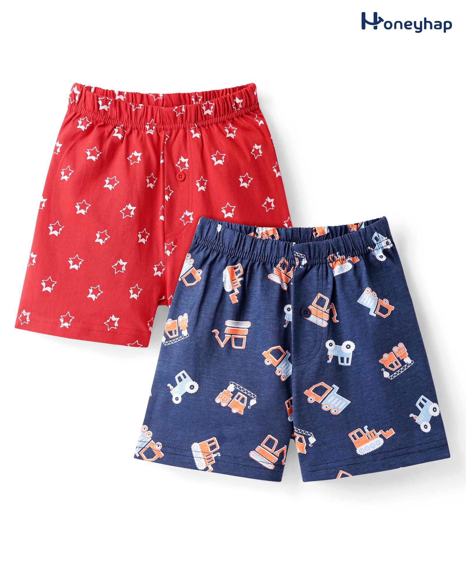 Honeyhap Premium Cotton Knit Boxers With Star & Construction Vehicle Print Pack Of 2 - Risk Red & Navy Peony-picture-21