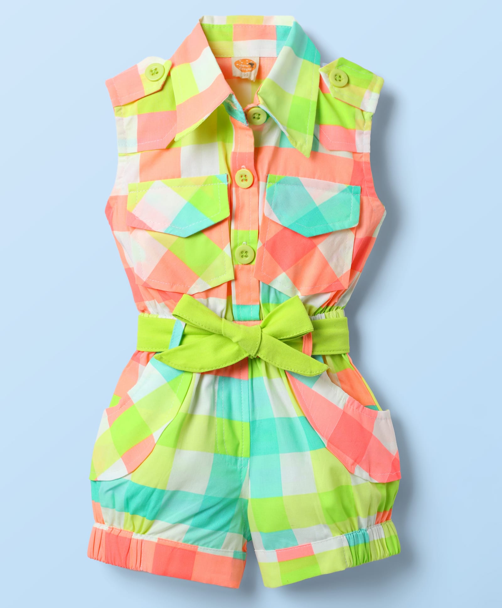 Dew Drops Poplin Woven Sleeveless Checks Jumpsuit With Belt - Peach-picture-18