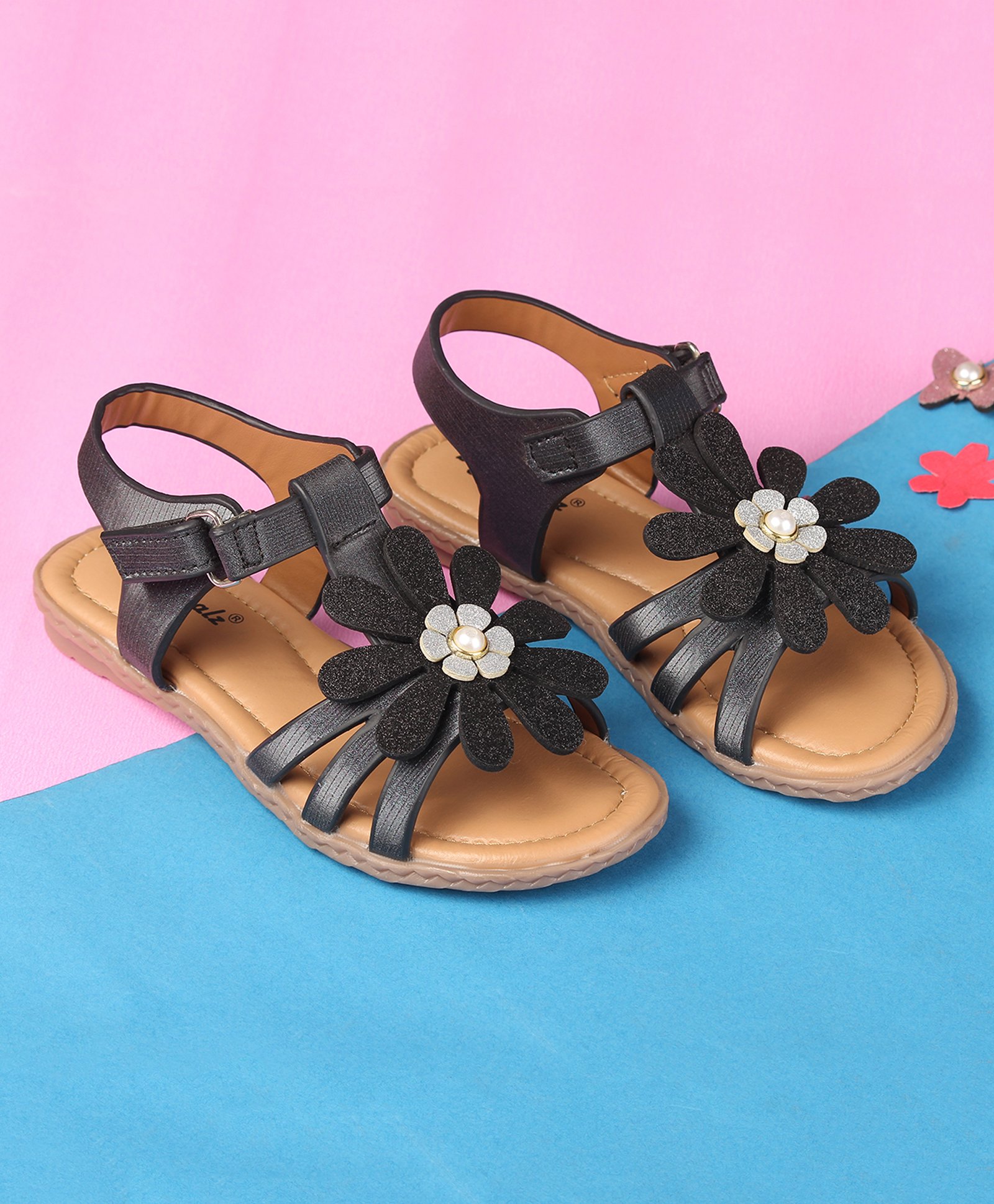 boyz n galz Shimmer Flower Applique Detailed & Rhinestone Embellished Sandals - Black-image-18