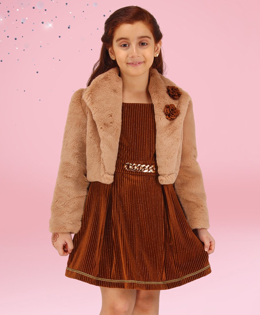 Cutecumber Ribbed Dress With Full Sleeves Floral Applique Shrug - Brown-picture-22