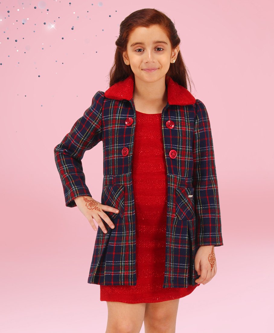 Cutecumber Shimmered Dress With Full Sleeves Checked Jacket - Maroon-picture-24
