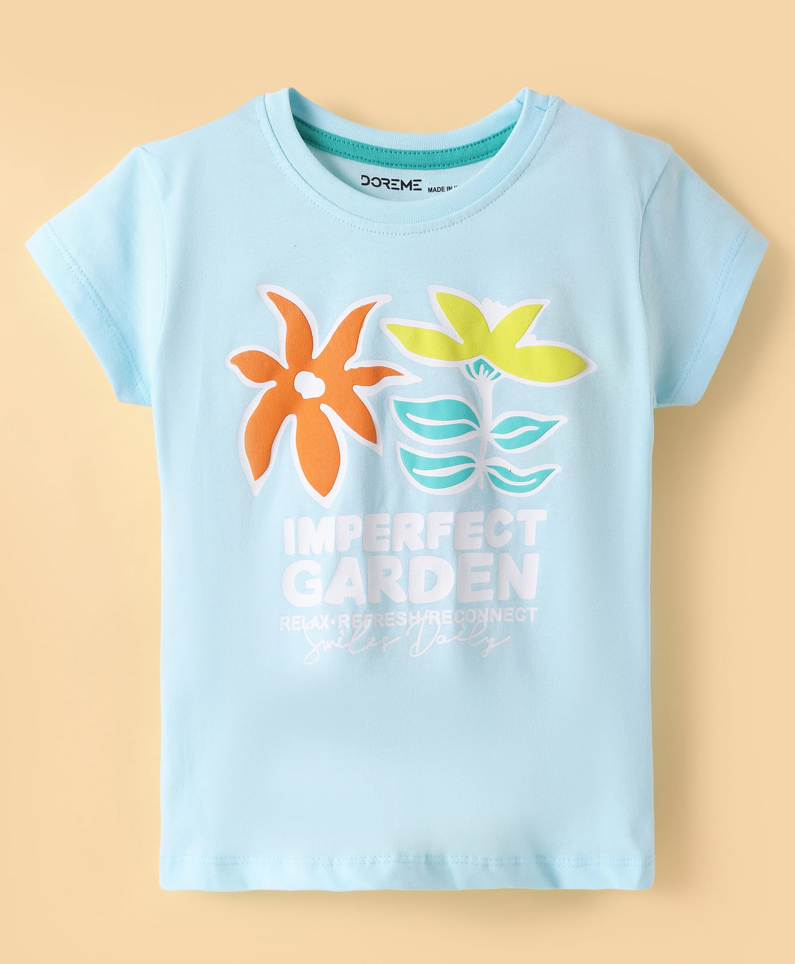 Doreme Sinker Knit Half Sleeves T-Shirt With Floral Print - Light Blue-image-25