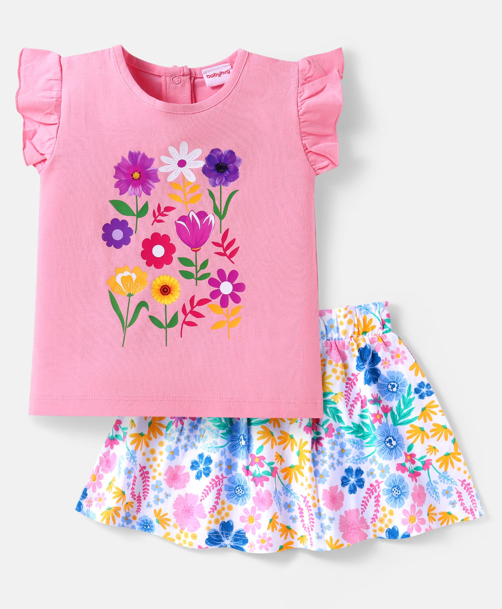 Babyhug Single Jersey Frill Sleeves Top & Skirt Set With Floral Print - Pink & White-picture-14
