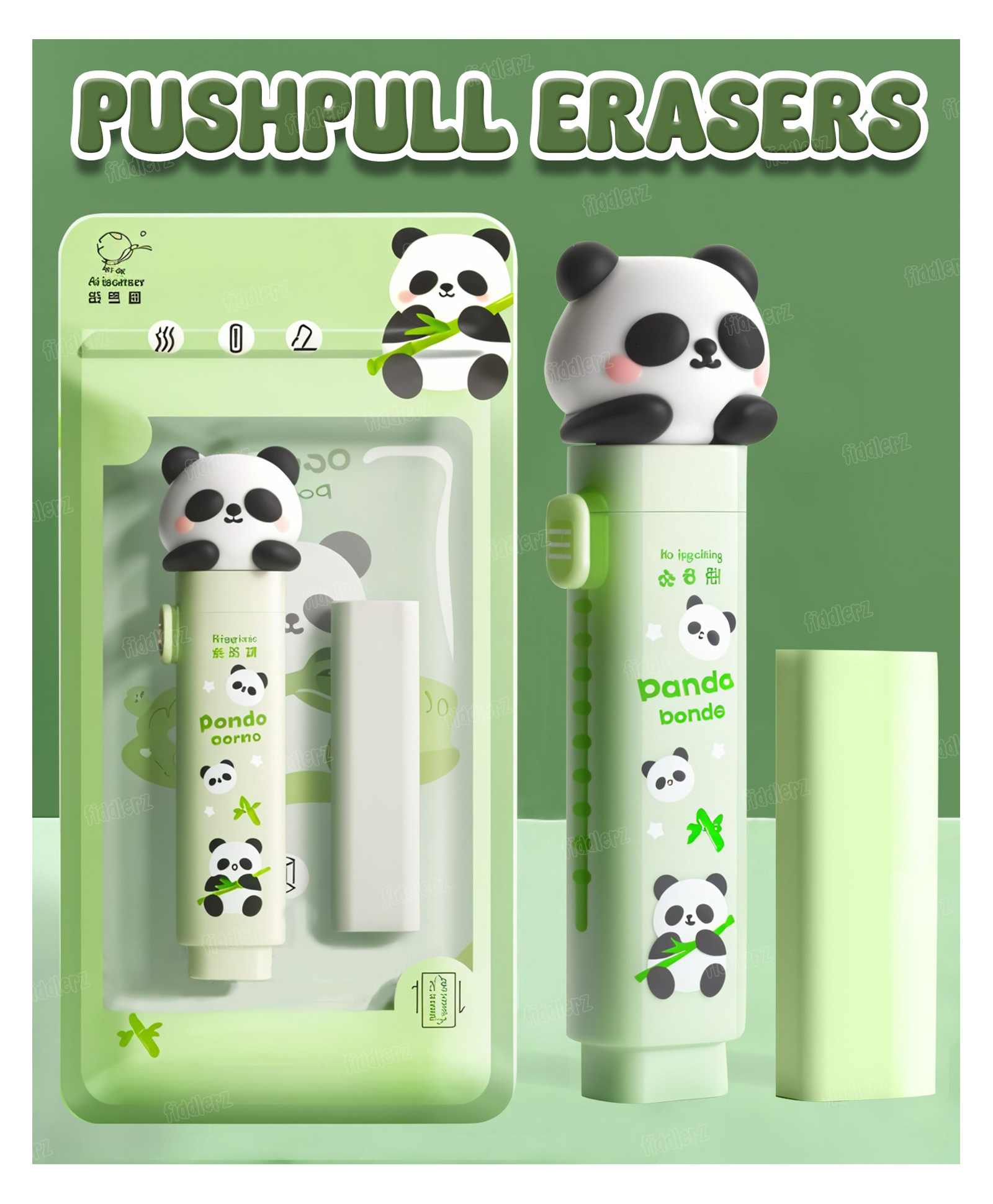 Fiddlerz Slide Erasers Cute Cartoon Panda Retractable Erasers for Kids with 2Pcs Replaceable Rubber Core Slide Pencil Erasers Back to School Supplies for Kids Students Girls (Green)-picture-12