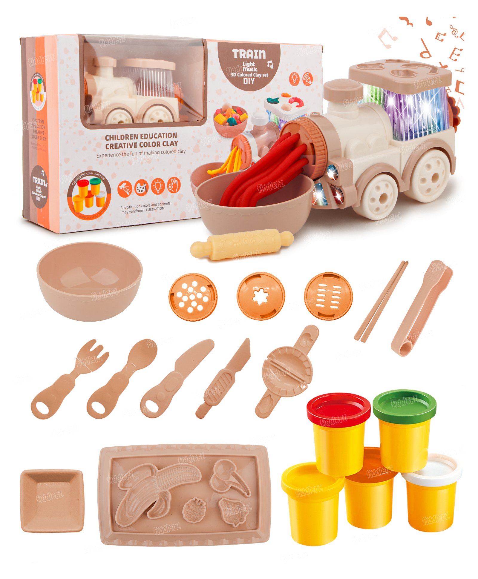Fiddlerz Clay Train Toy With DIY Clay & Mini Toy Train Clay For Art And Craft - Beige-image-3