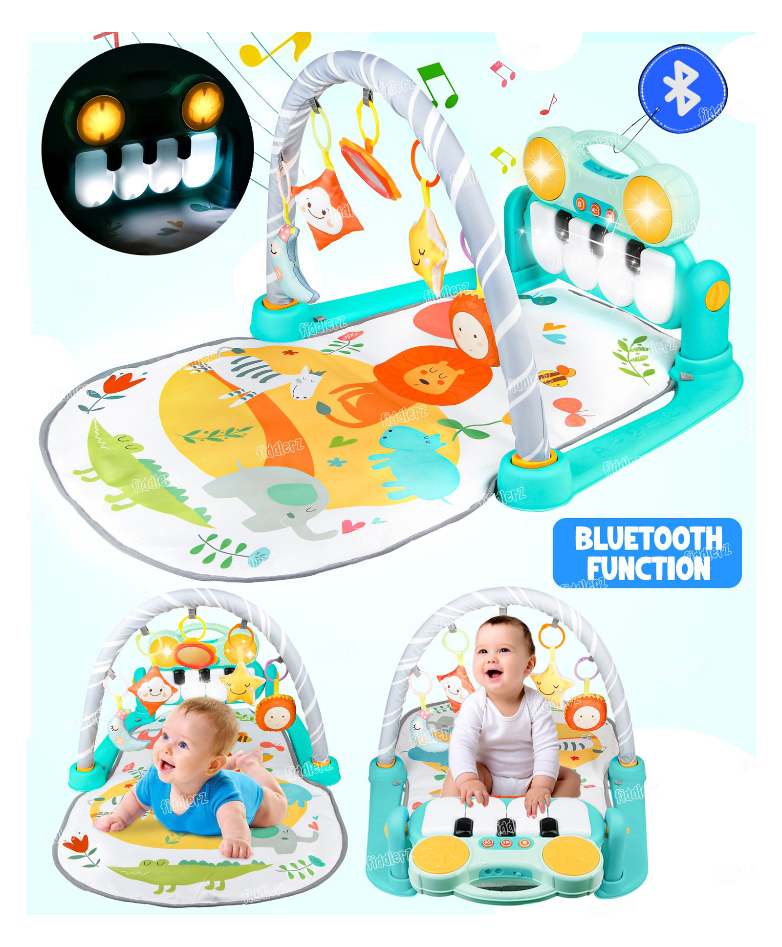 Fiddlerz Baby Gym with Kick and Play Piano With Bluetooth connectivity Baby Play Mat Tummy Time Baby Activity Gym Mat Learning Sensory for Baby, Music and Lights Boy or Girl for Newborn(Blue)-image-37