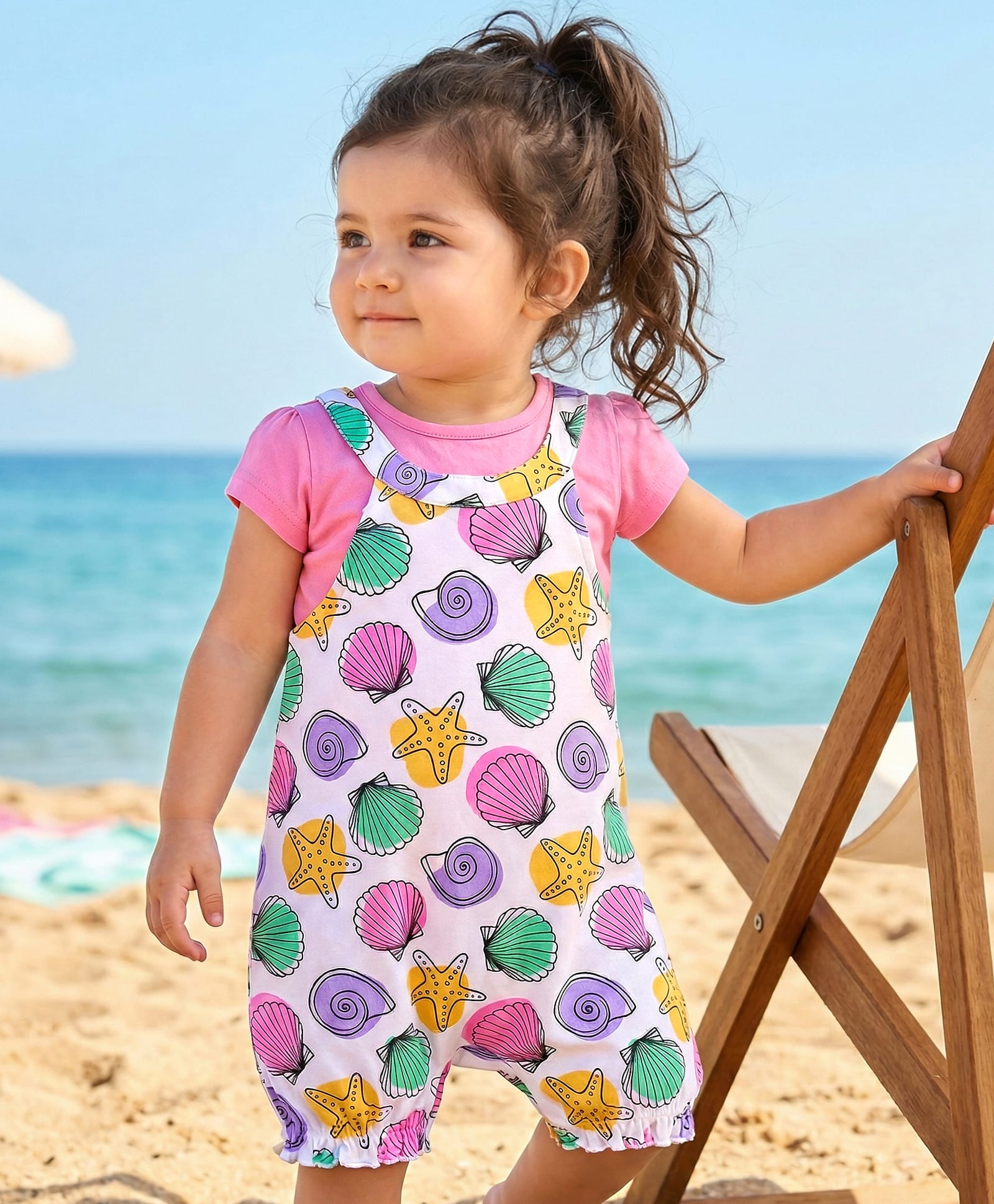 Babyhug Interlock Knit Sea Life Printed Dungaree & Half Sleeves Text Printed Top Set - White & Pink-image-8