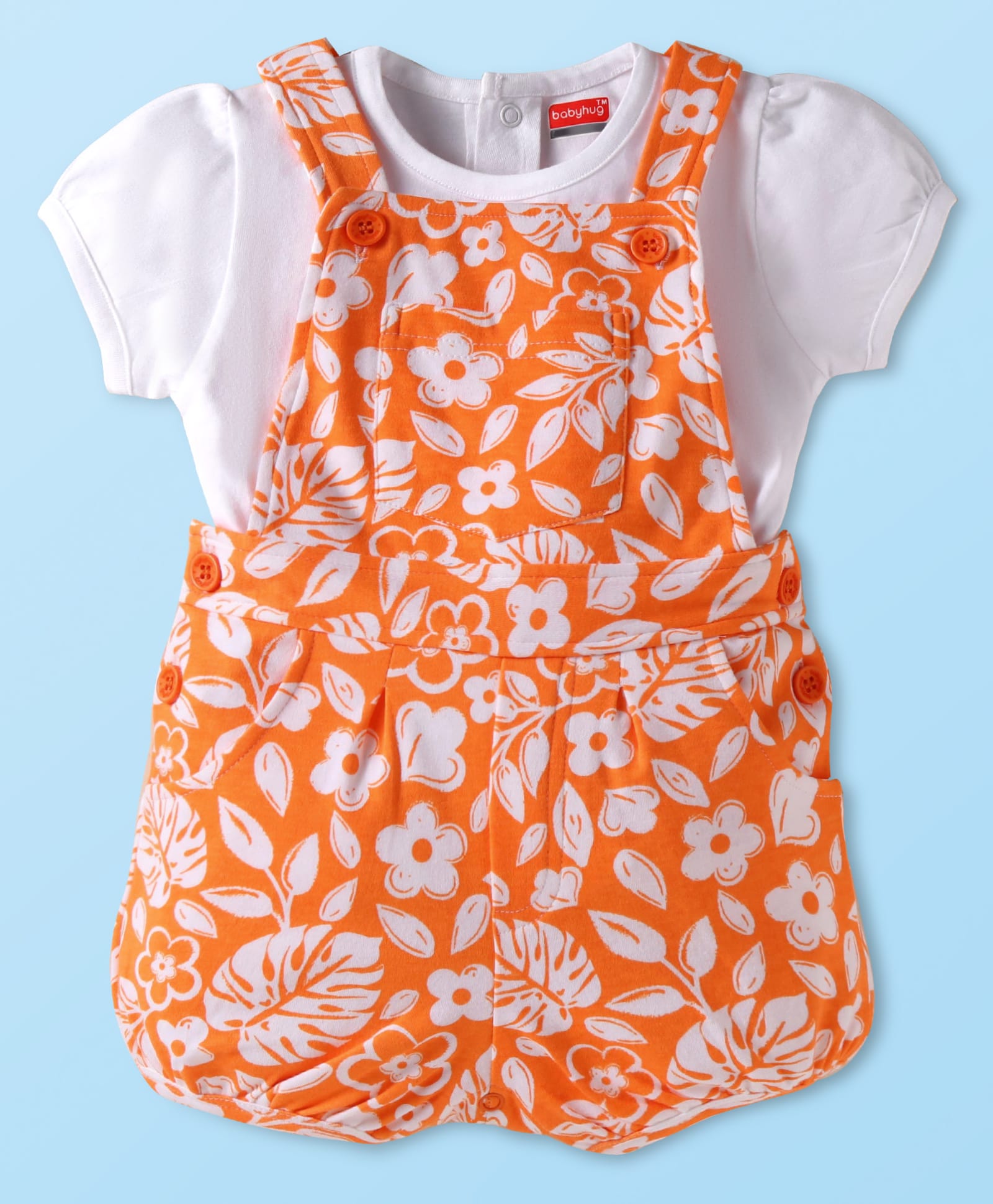 Babyhug Interlock Knit Half Puffed Sleeves Top & Dungaree with Floral & Text Print - Orange & White-picture-21