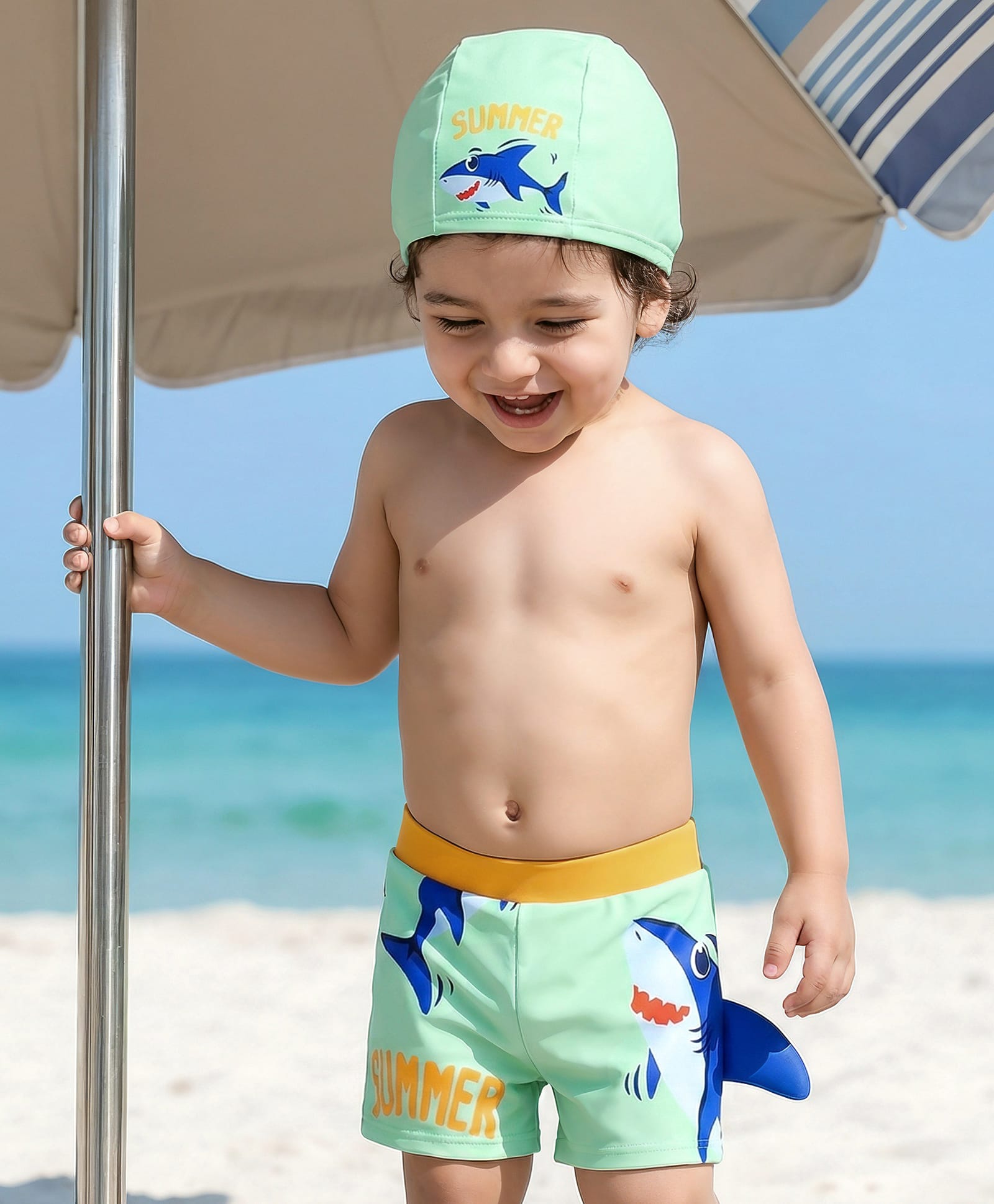 Babyhug Swimming Trunk & Cap with Shark Print - Light Green-image-14