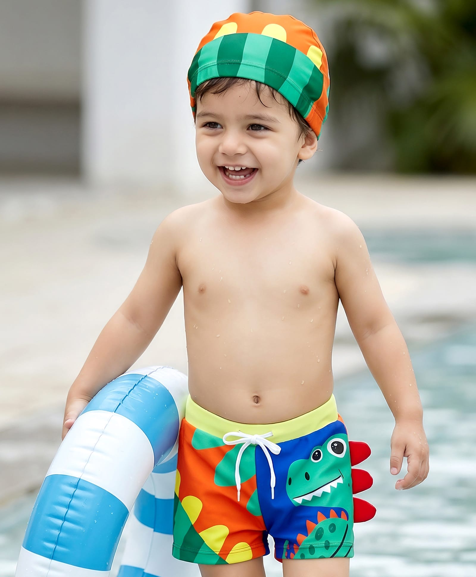 Babyhug Swimming Trunk & Cap with Dino Print - Green & Orange-picture-24