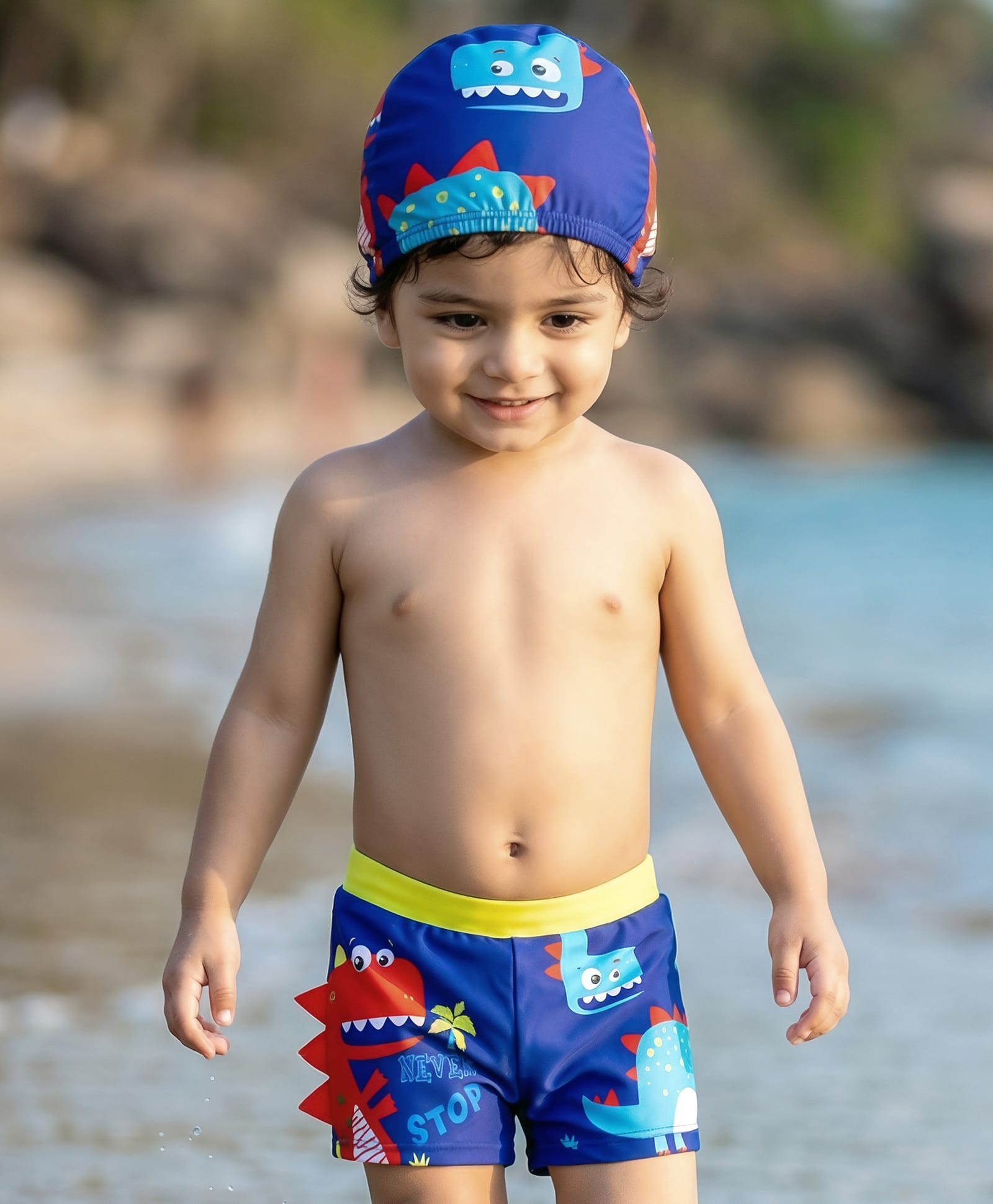 Babyhug Swimming Trunks & Cap with Dino Print - Blue-image-45