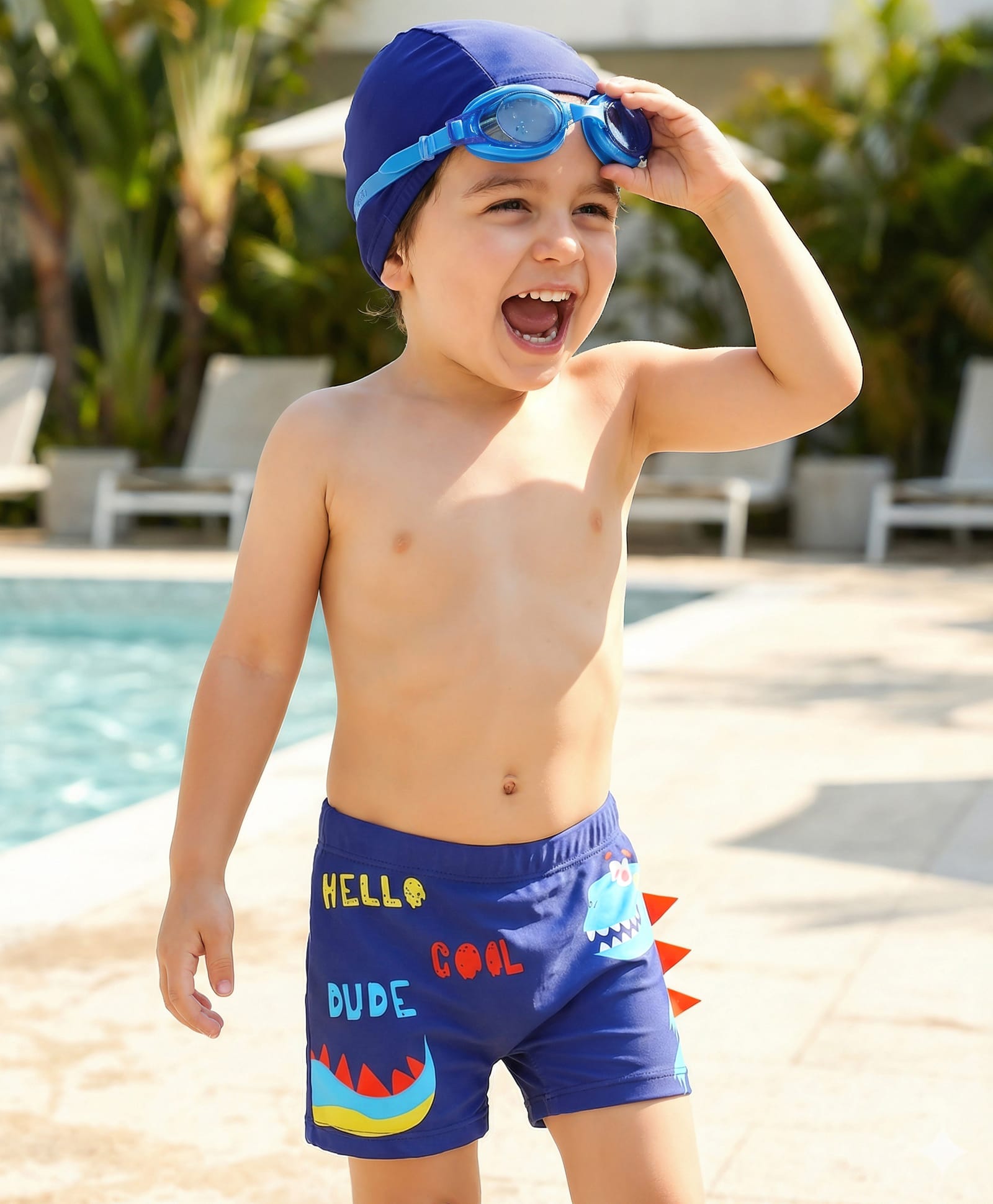Babyhug Swimming Trunk & Cap with Dino Print - Navy Blue