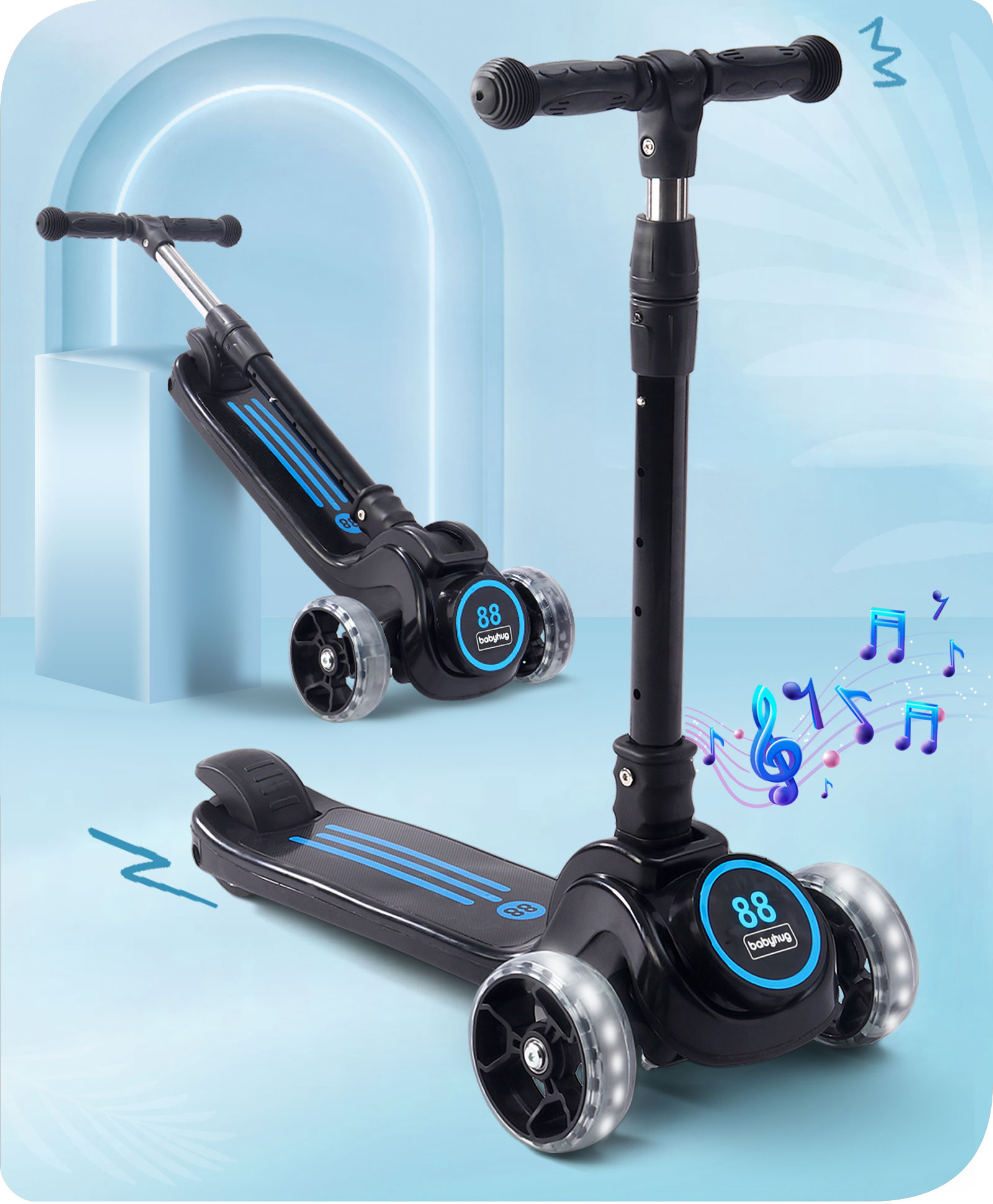 Babyhug 3 Wheel Foldable Kids Scooter With Light & Music - Blue & Black