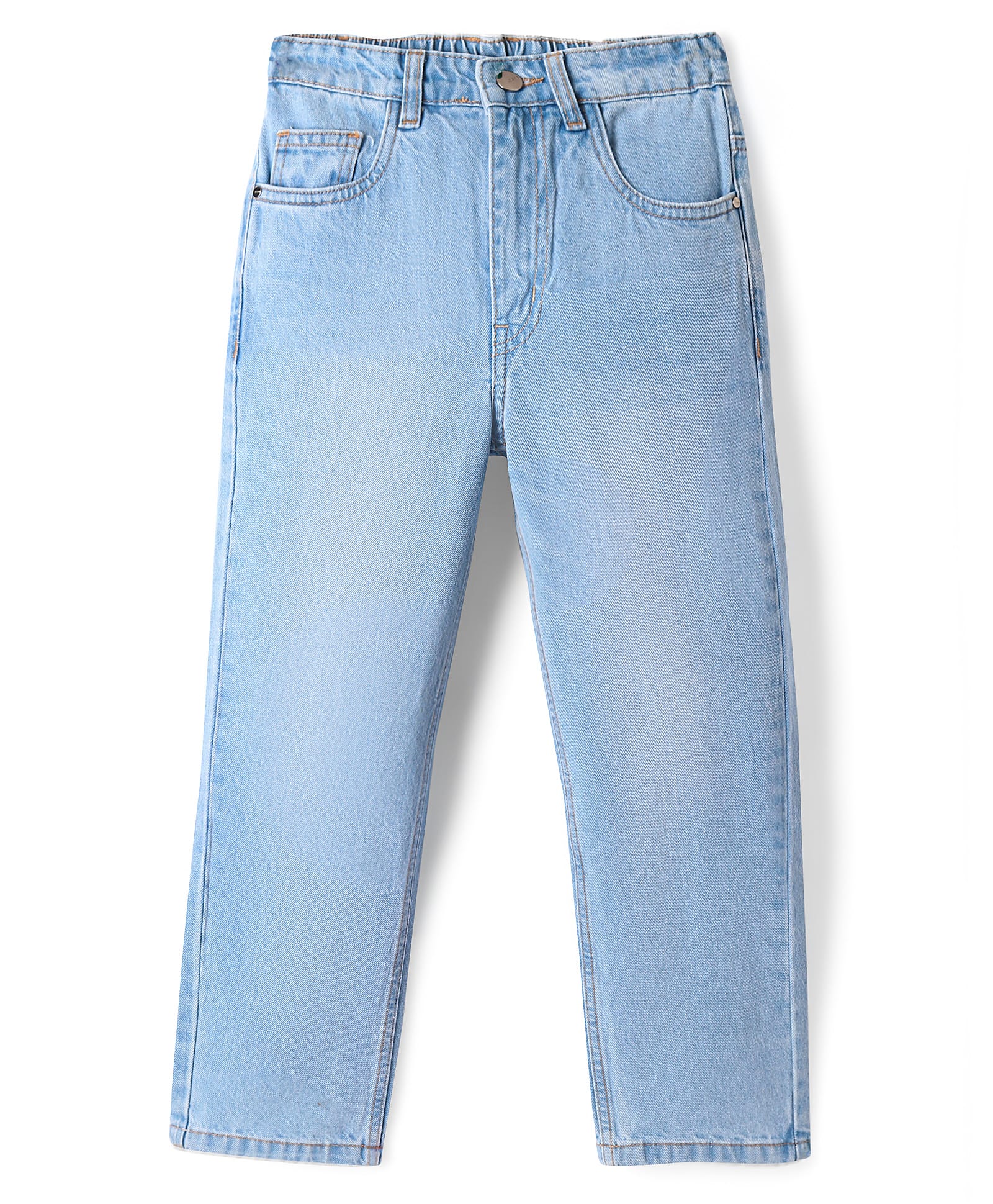 Primo Gino 100% Cotton Woven Full Length Mom Fit Washed Jeans with Back Elasticated Waistband - Light Blue-picture-12