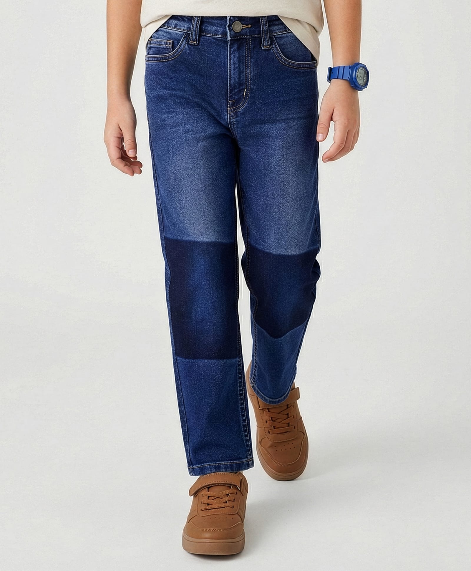 Primo Gino Woven Full Length Washed Jeans With Patchwork - Blue-picture-23