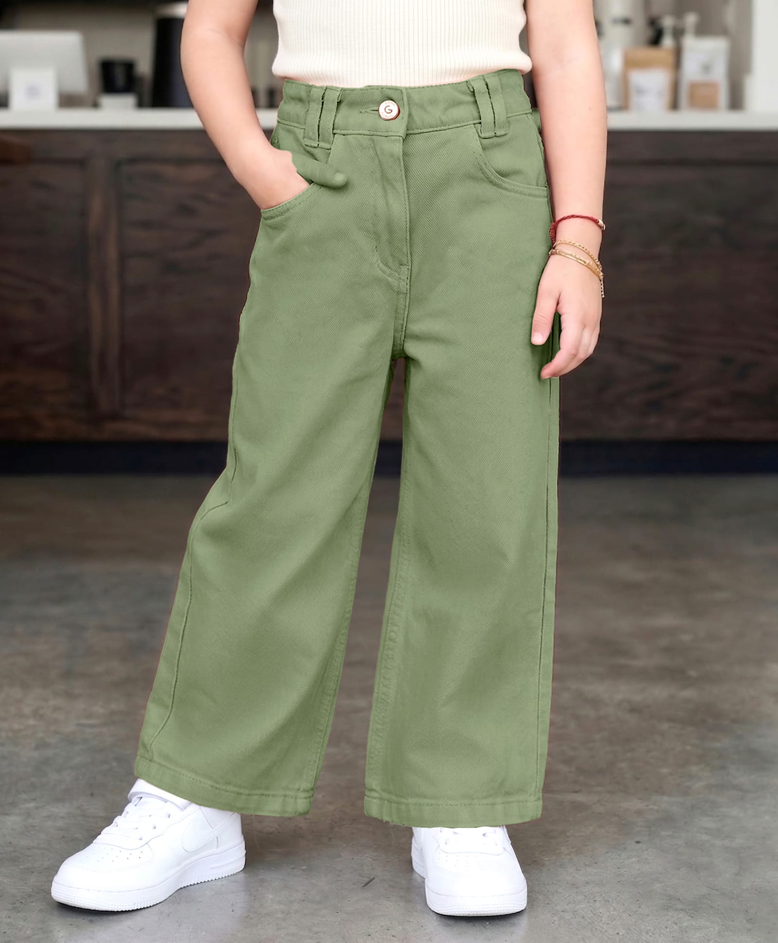 Little Kangaroos Textile Woven Full Length Straight Fit Solid Jeans - Olive-picture-27