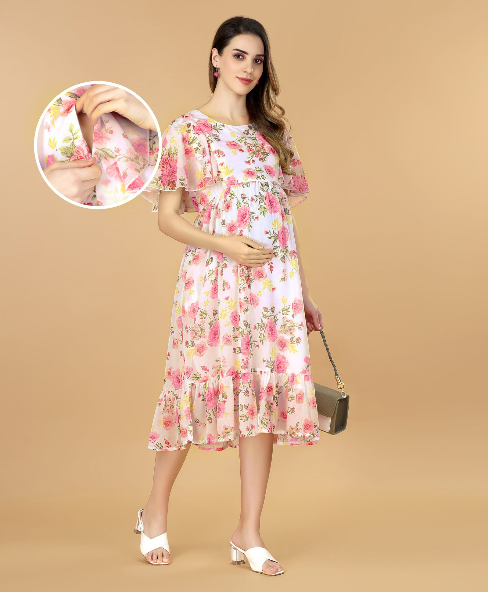 Bella Mama Women Flutter Sleeve Floral Printed Maternity Dress - Off White-image-13