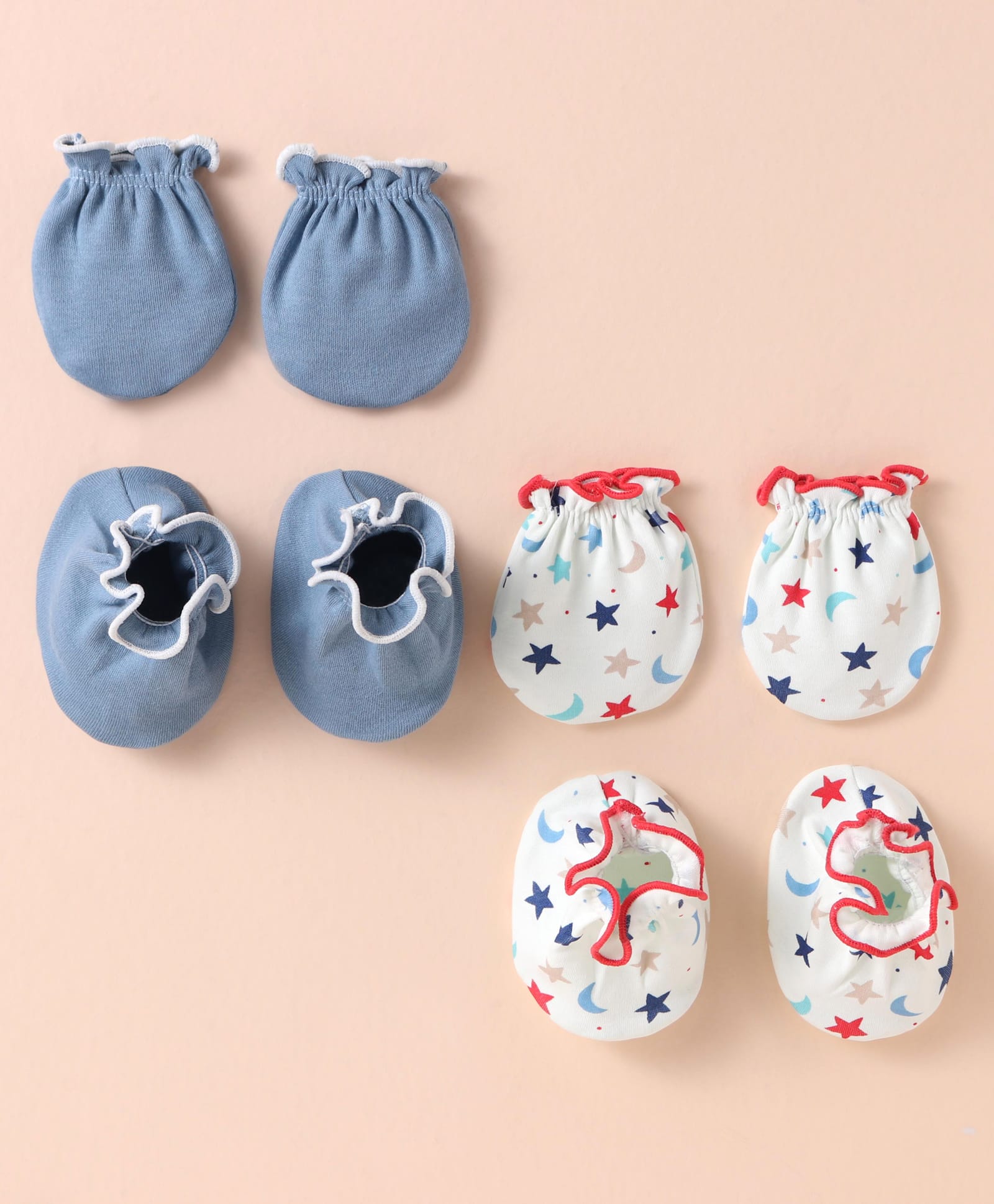 Ben Benny 100% Cotton Knit Solid & Star Printed Mittens & Booties Pack of 2 - White & Blue-image-39
