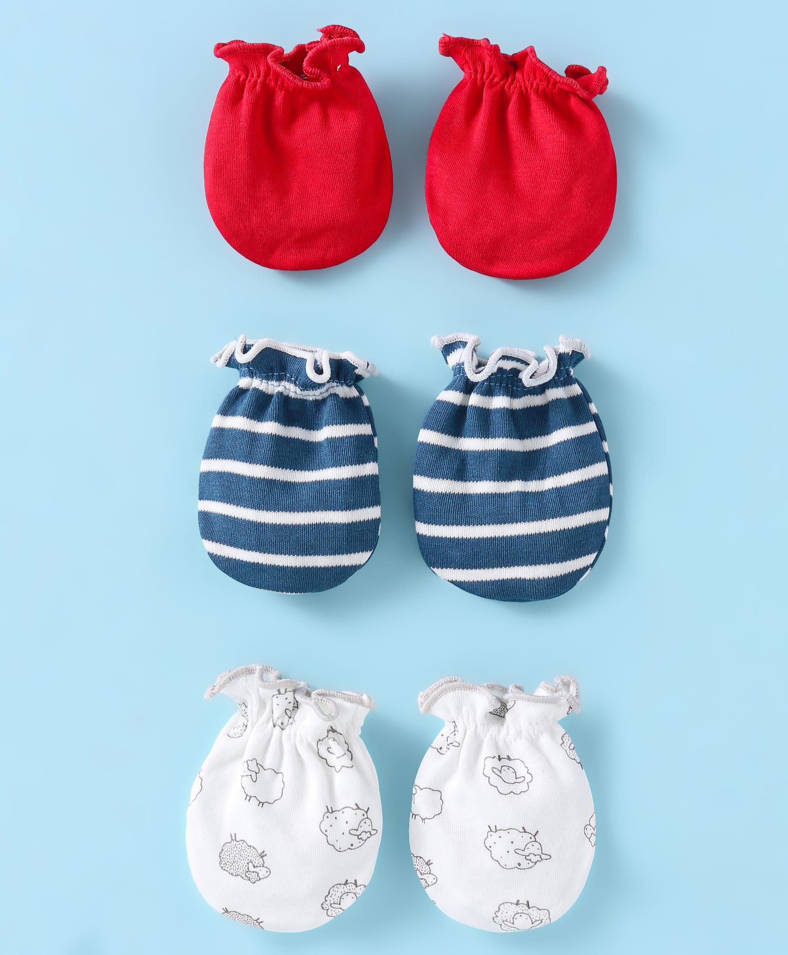 Ben Benny 100% Cotton Knit Mittens With Stripes & Sheep Print Pack of 3 - Navy Blue Red & White-image-28
