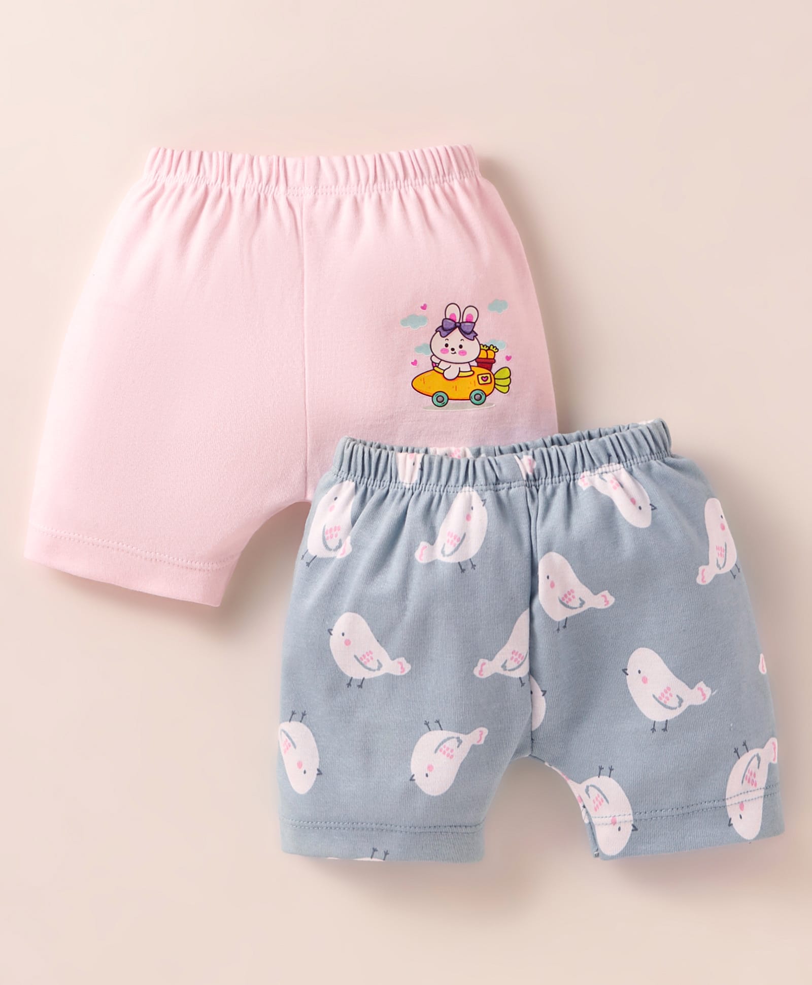 Ben Benny 100% Cotton Knit Above Knee Length Shorts with Birds & Bunny Print Pack of 2 - Pink & Grey-picture-13