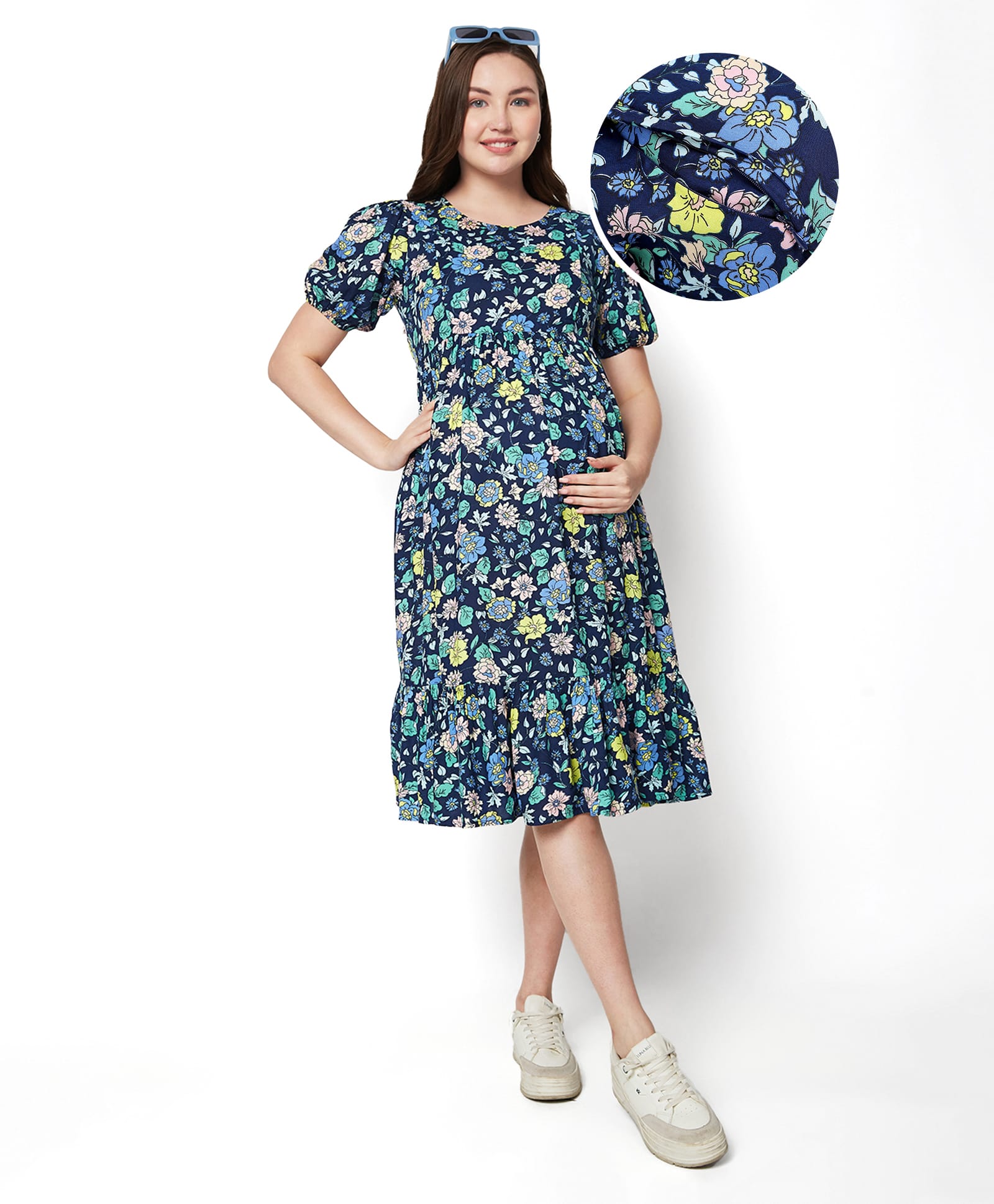 Bella Mama Women Short Sleeves Maternity Dress With Pocket & Flower Print - Navy Blue-picture-16