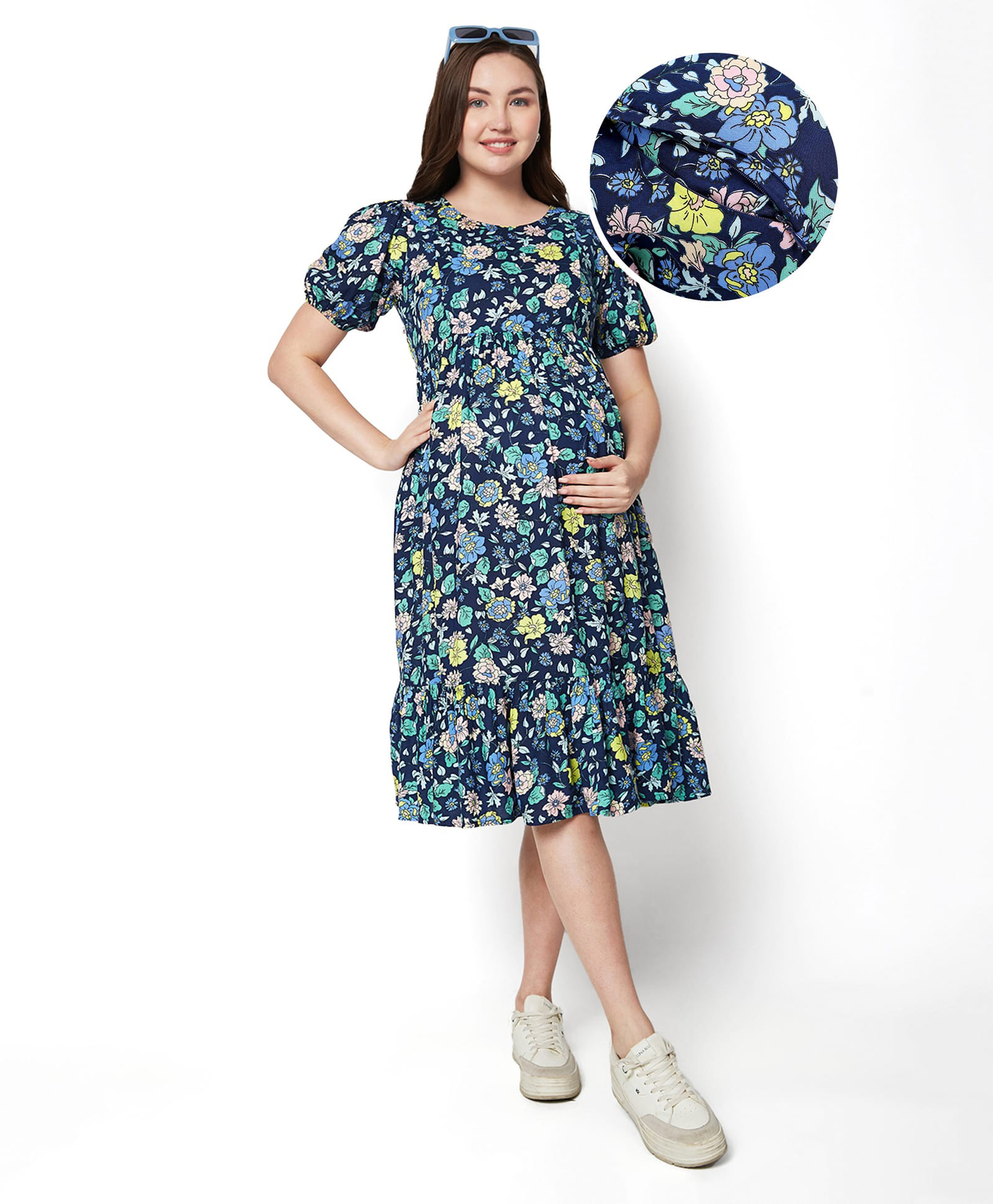 Bella Mama Women Short Sleeves Maternity Dress With Pocket & Flower Print - Navy Blue