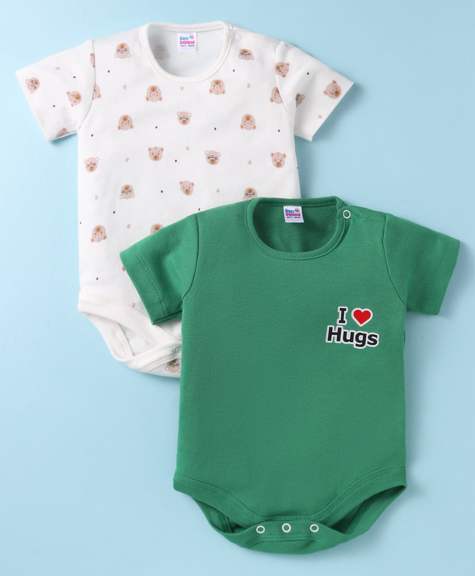 Ben Benny 100% Cotton Knit Half Sleeves Onesies with Bear & Text Print Pack of 2 - Green & White-picture-21