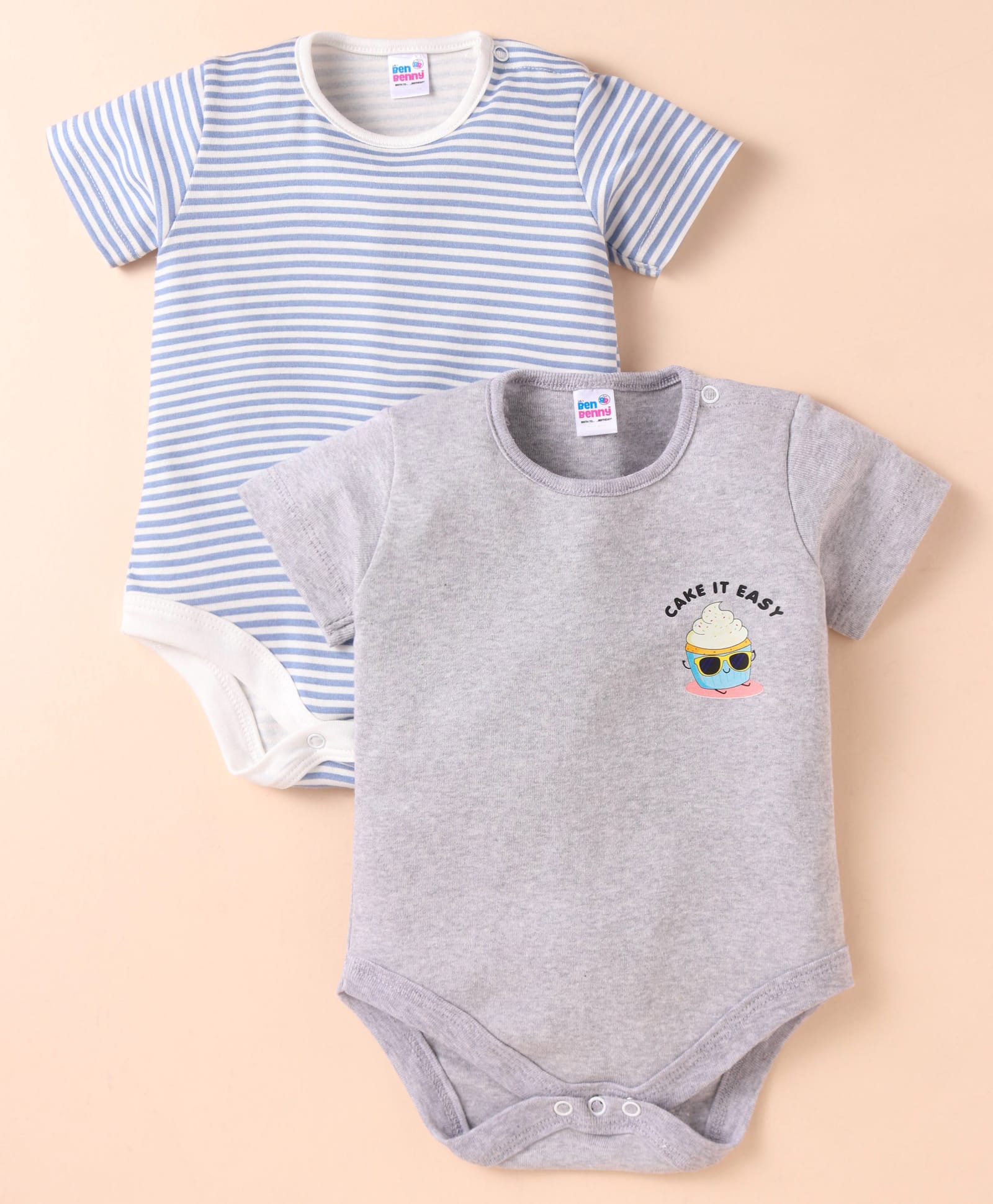 Ben Benny 100% Cotton Knit Half Sleeves Onesies with Text Print & Stripes Pack of 2 - Grey & White-picture-21