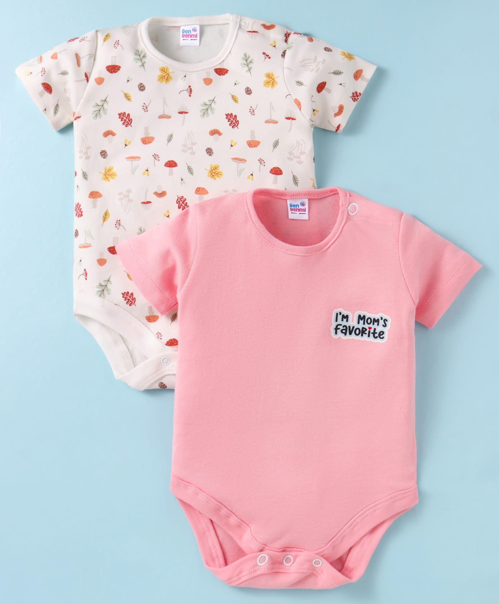 Ben Benny 100% Cotton Knit Half Sleeves Onesies with Tropical Theme & Text Print Pack of 2 - Pink & White-picture-13