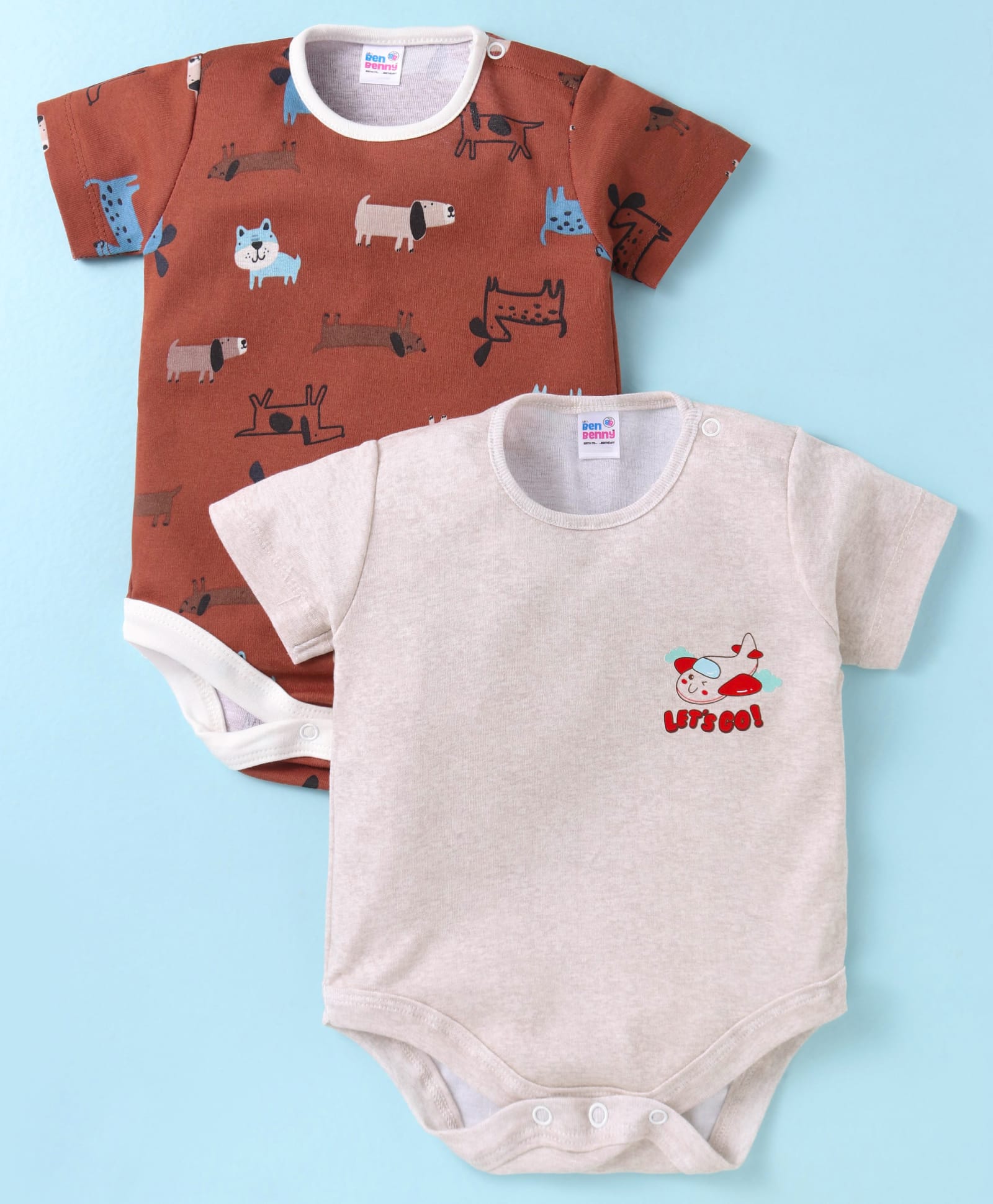 Ben Benny 100% Cotton Knit Half Sleeves Onesies with Animal & Lets Go Text Print Pack of 2 - Brown & Grey-picture-13