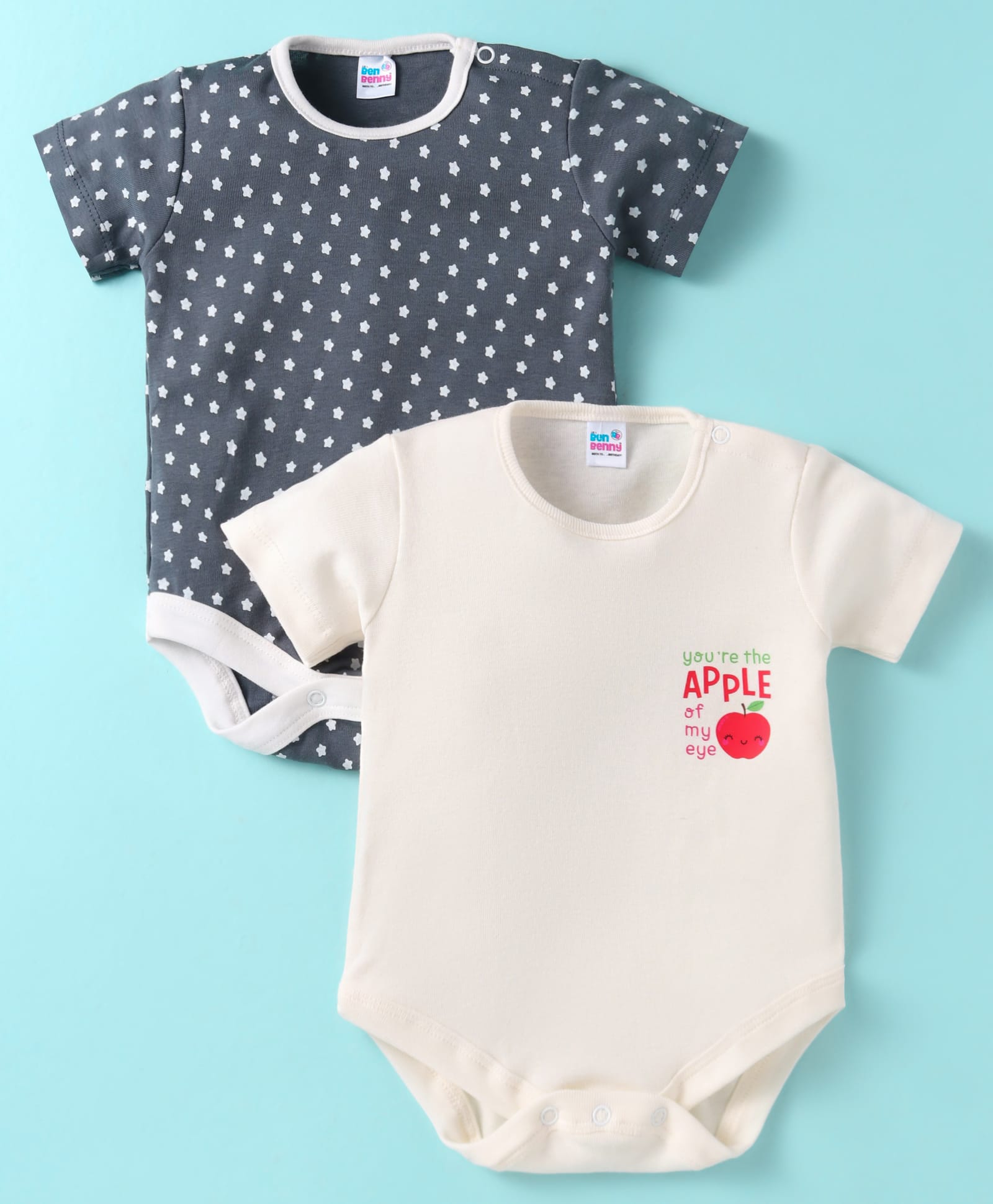 Ben Benny 100% Cotton Knit Half Sleeves Onesies with Stars & Text Print Pack of 2 - Cream & Charcoal Grey-picture-17