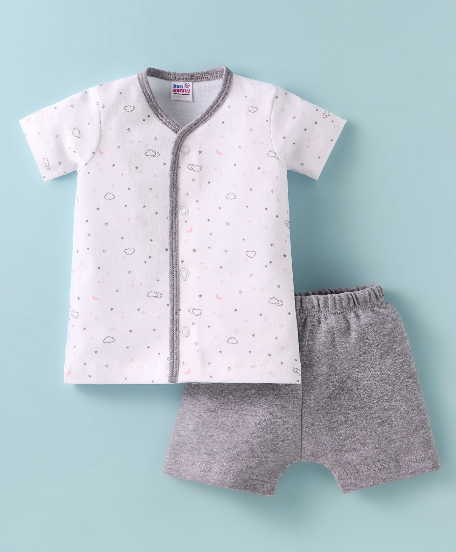 Ben Benny 100% Cotton Knit Half Sleeves Shorts Night Suit with Star Print - Grey-picture-21