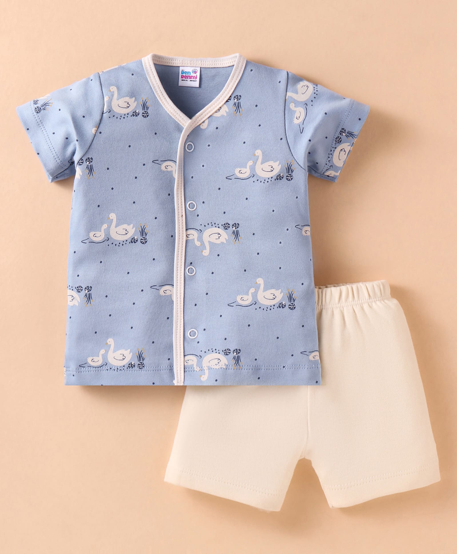 Ben Benny 100% Cotton Knit Half Sleeves Shorts Night Suit with Duck Print - Lavender-image-8