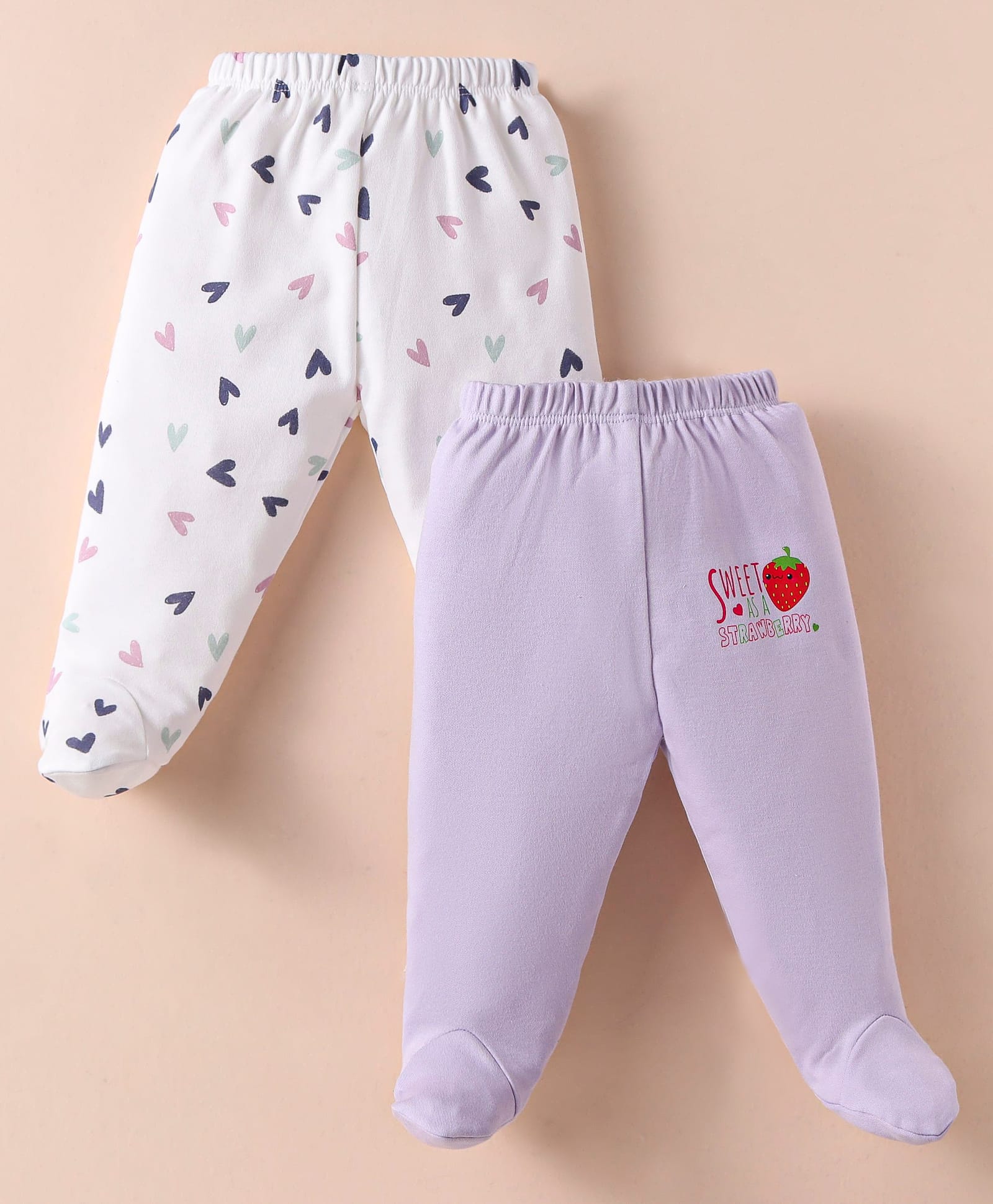 Ben Benny 100% Cotton Knit Full Length Footed Leggings with Hearts & Strawberry Print Pack of 2 - White & Lilac-image-31